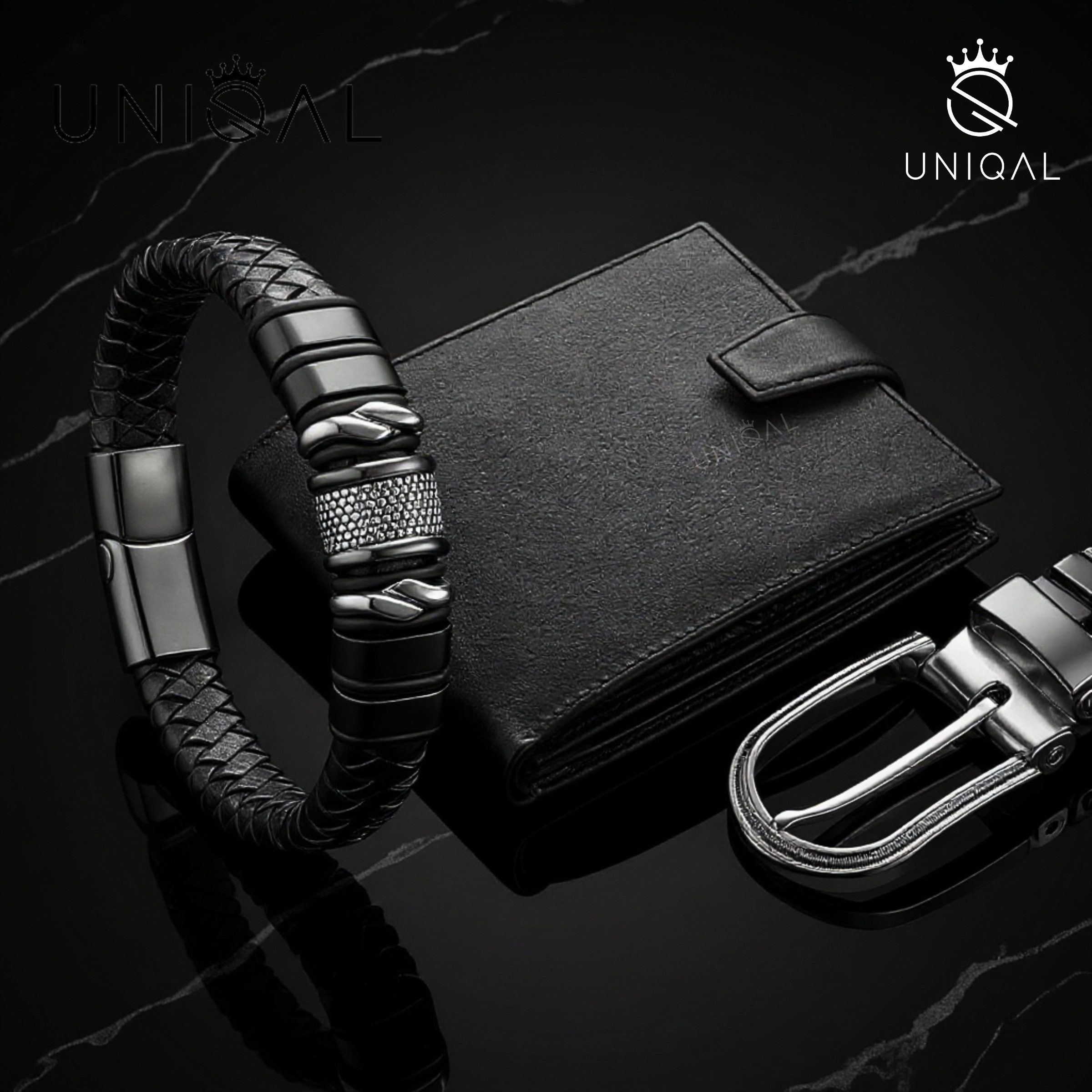 UNIQAL.de Lederarmband „MAMBA“ – Maskulines Design in Schwarz & Silber (Echtleder, Edelsthal, Magnetverschluss mit Verlängerungsglied, perfektes Geschenk, Bewährte UNIQAL Qualität), Designed in Germany