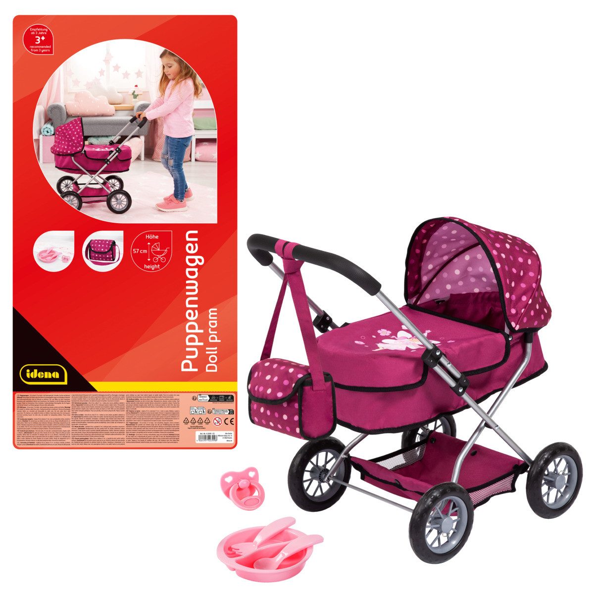 Idena Puppenwagen Idena Puppenwagen Smarty mit Tasche und Korb 58x37,5x57cm