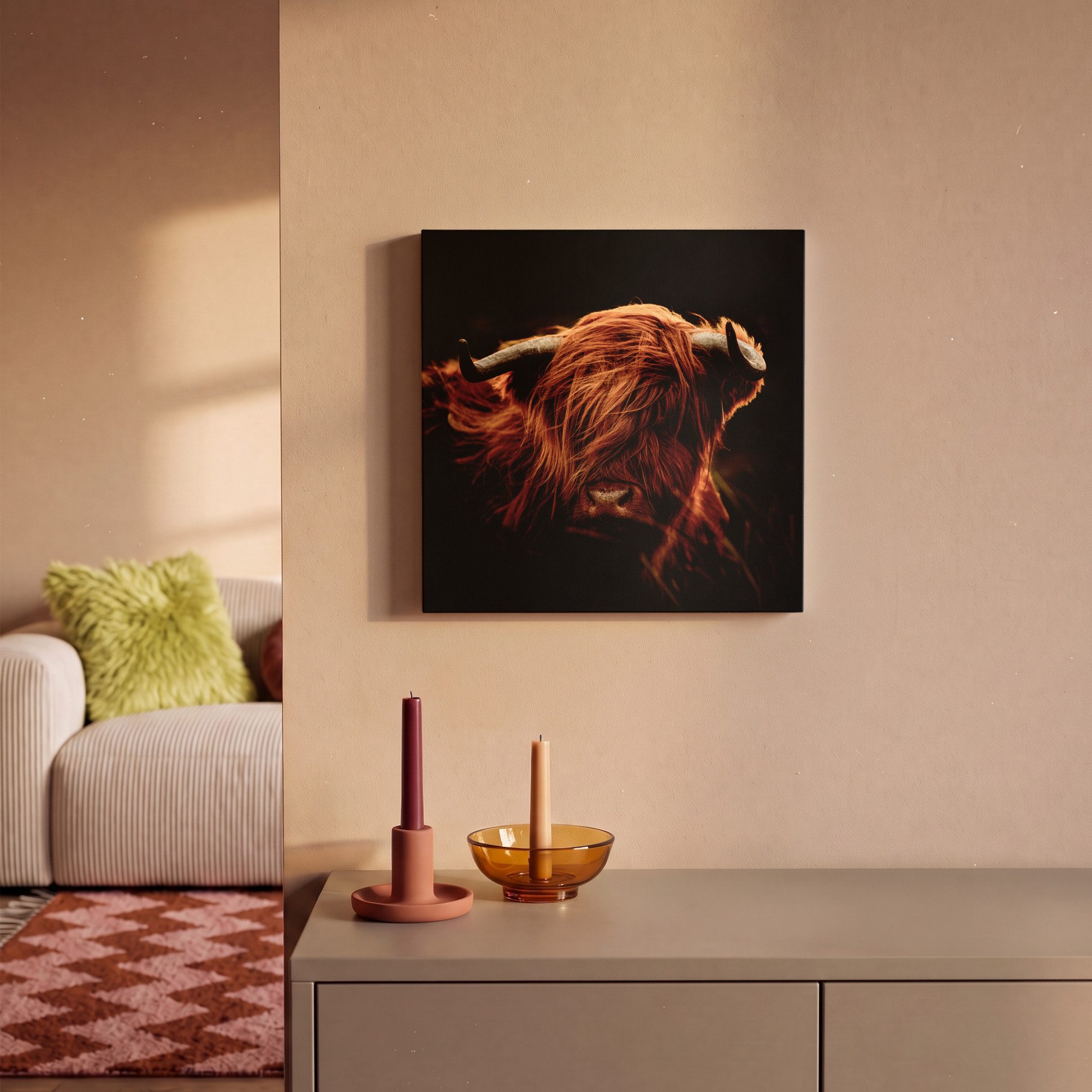 OneMillionCanvasses® Leinwandbild Schottischer Highlander - Kuh - Hörner - Porträt - Tiere, Fotodruck (1 St), Wandbild, Deko Schlafzimmer Wohnzimmer Flur 20x20  – Bild 2 von 5