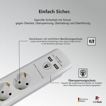 FeinTech Mehrfachsteckdose 6-fach (Ein- / Ausschalter, Schalterbeleuchtung, USB-Anschlüsse, Überspannungsschutz, Kabellänge 1.5 m), Flachstecker