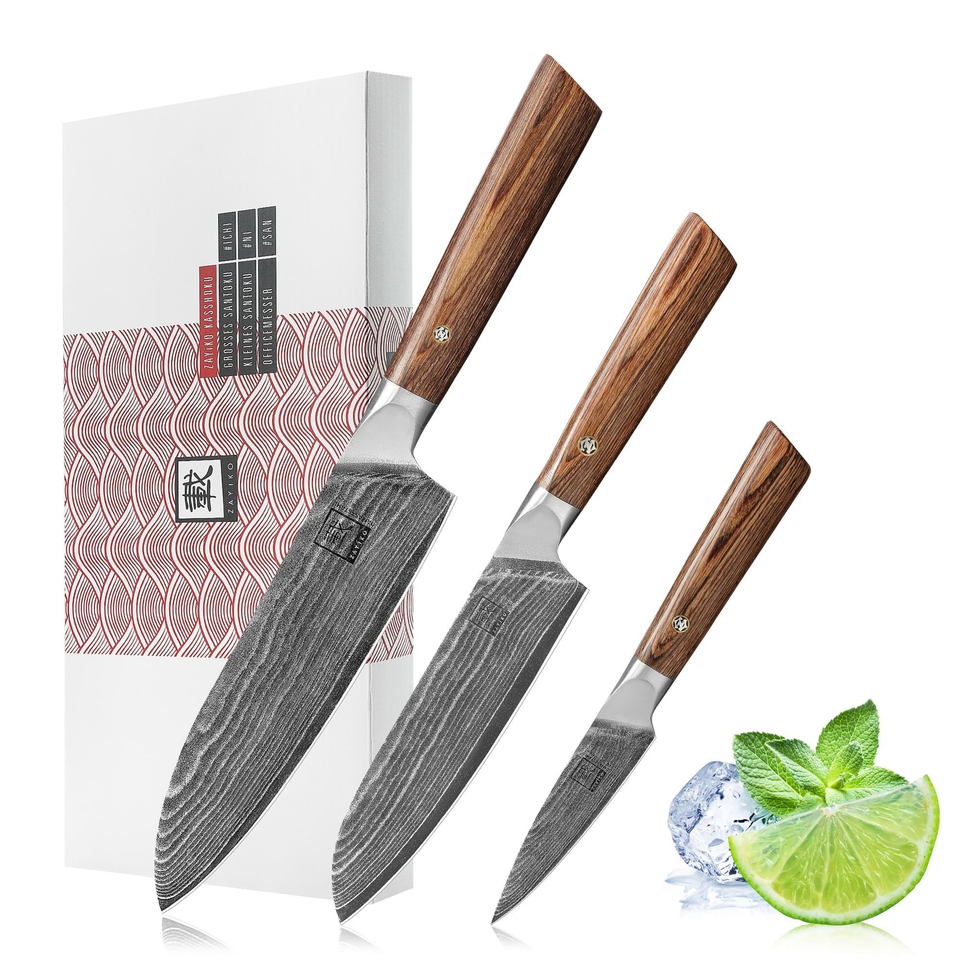 ZAYIKO Messer-Set Kasshoku 3er Damastmesser-Set Küchenmesser Kochmesser (Damastmesser mit Geschenkbox, 3-tlg., 3er Damastmesser-Set), Damaststahl, VG10-Kern, Hammerschlag