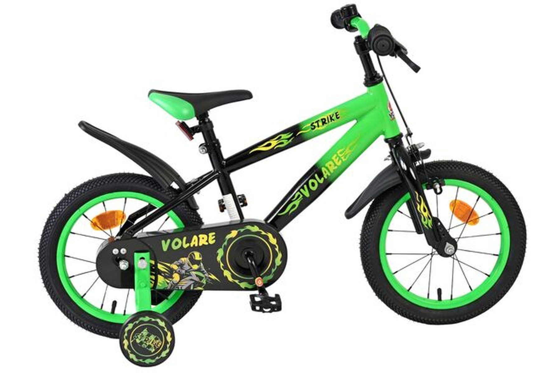 Volare Kinderfahrrad Strike - Jungen - 14 Zoll - Schwarz Grün, Rücktritt- und Handbremse, geschlossener Kettenschutz,5–5 Jahre