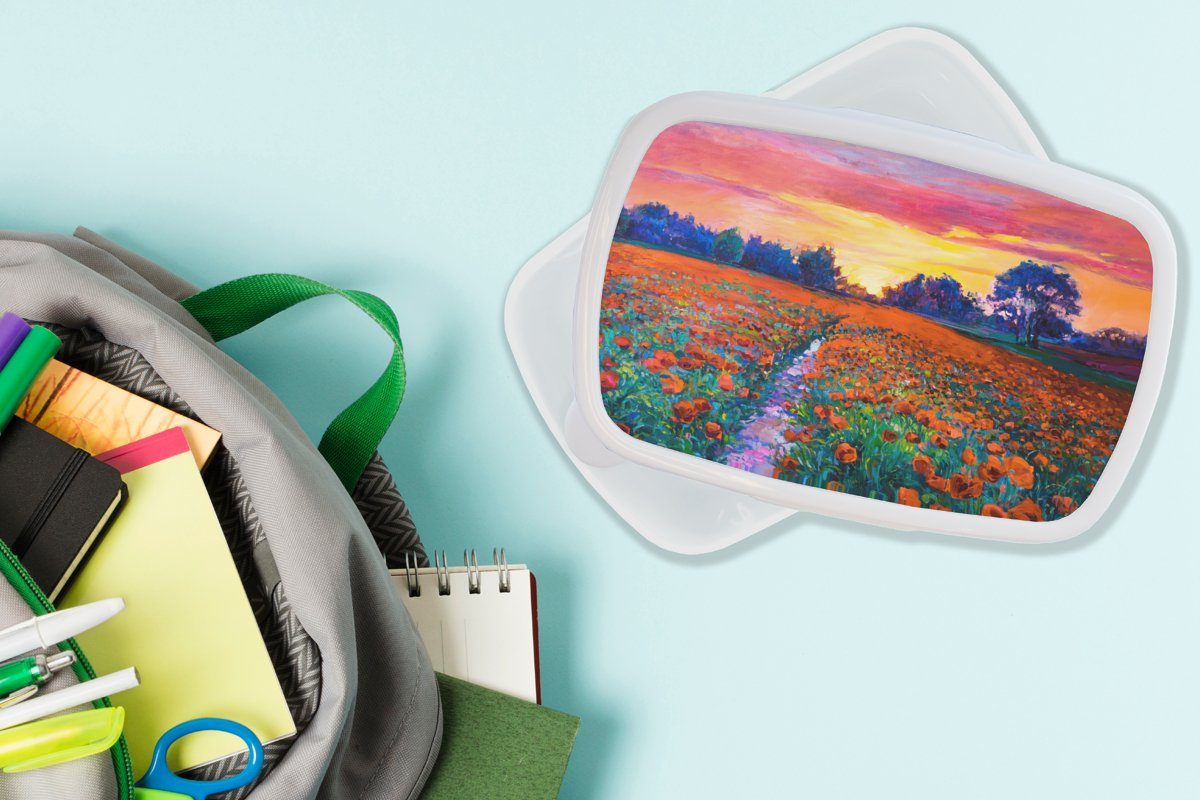 Brotdose, weiß Malerei - Erwachsene, Natur Ölfarbe, (2-tlg), und Brotbox Blumen Jungs für MuchoWow für und Mädchen - Kinder Kunststoff, - Lunchbox