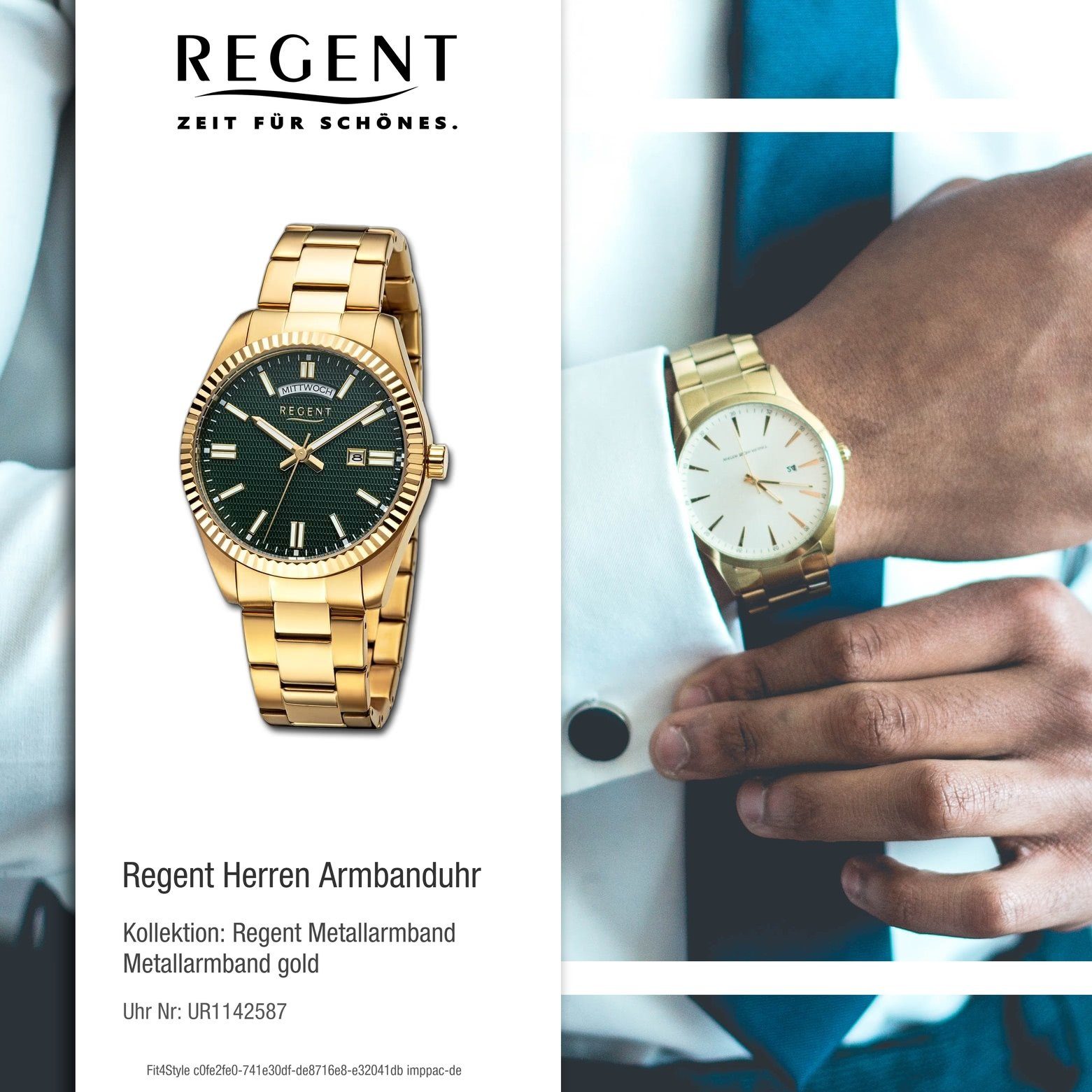(ca. Herren Regent Metallarmband Regent rund, groß Quarzuhr Analog, Herren extra 40mm), Armbanduhr Armbanduhr