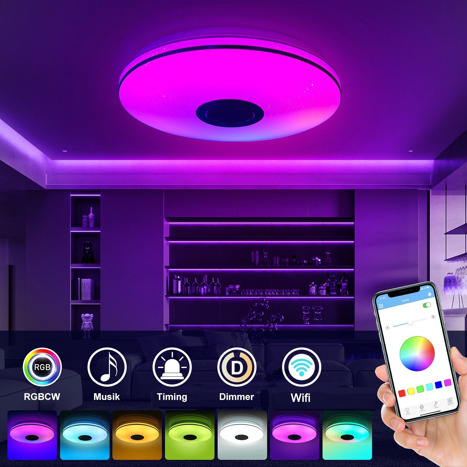 oyajia Deckenleuchte fest mit Wohnzimmer Lautsprecher Deckenlampe Badleuchte integriert, mit LED Lautsprecher, Lampe mit WIFI Sternenhimmel-Effekt, RGB Streamer-Licht 24W Dimmbar Küche Flur