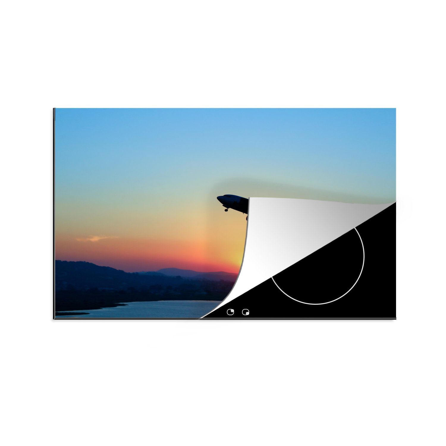 MuchoWow Herdblende-/Abdeckplatte Start eines Flugzeugs bei Sonnenuntergang, Vinyl, (1 tlg), 81x52 cm, Induktionskochfeld Schutz für die küche, Ceranfeldabdeckung