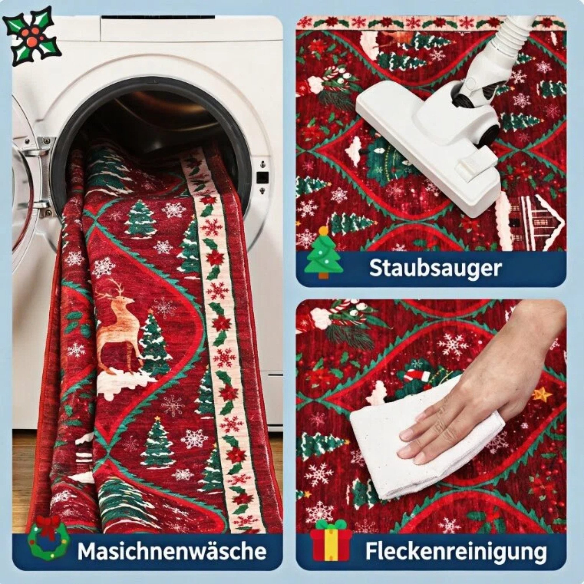 GarveeMore Teppich Festlicher Roter Weihnachtsteppich mit Schneemann & Tannenbaum, Höhe: 5 mm – Bild 3 von 5
