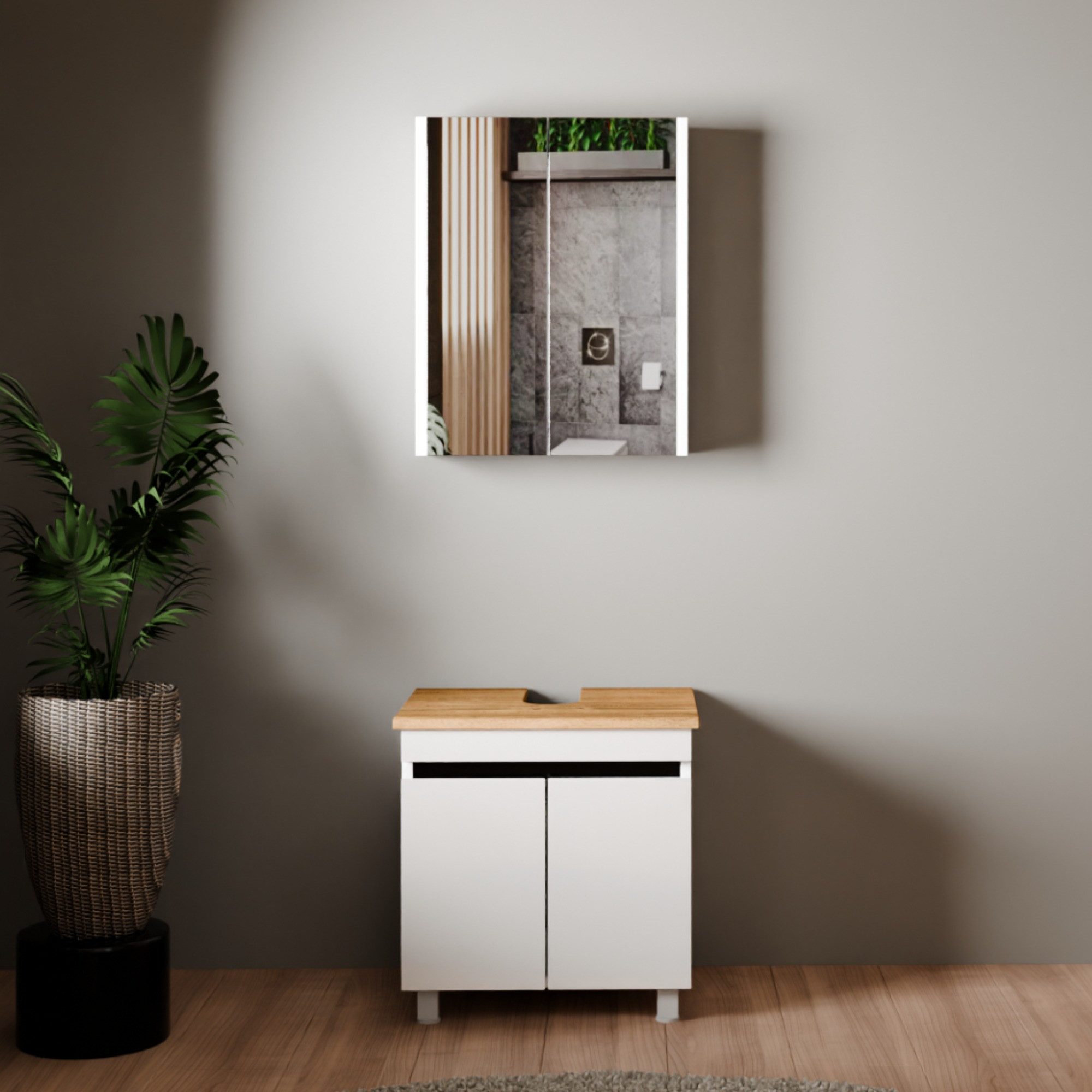 Karen Badmöbel-Set Stehendes Badmöbel Set Venus, (Badmöbel-Set, 2-Teilig (Unterschrank, Spiegelschrank), 2-St., Unterschrank mit Schubladen, Spiegel mit Regalen), Futuristisches Design, MDF Lam, Softclose, Highgloss