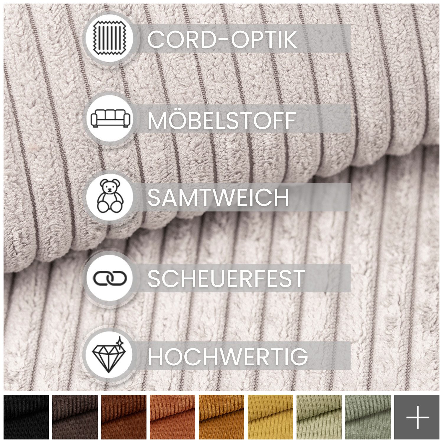 novely® Stoff PORTO - Polsterstoff in Breitcord-Optik - Ultraweicher Möbelstoff, Samtige Haptik, Reißfest, Fusselfrei, Robust, Meterware, 1lfm