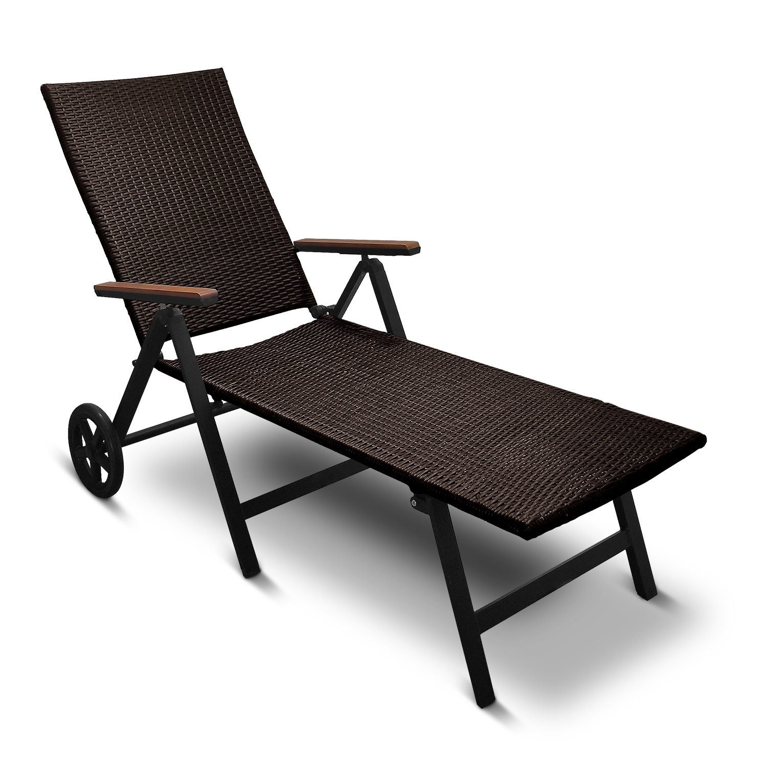 DM-Handel Rollliege Aluminium Rattanliege Modern Klappliege Sonnenliege, Relaxliege, 1 Gartenliege, 7 Fach verstellbar, Eukalyptusholz, klappbar, platzsparend, auf Rollen