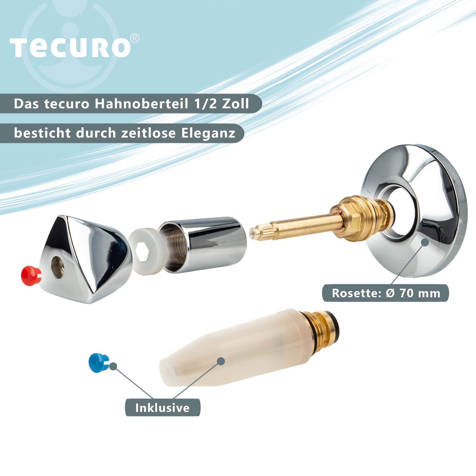 tecuro Absperrventil Hahnoberteil 1/2 Zoll, mit Griff und Rosette, für Unterputz-Ventile