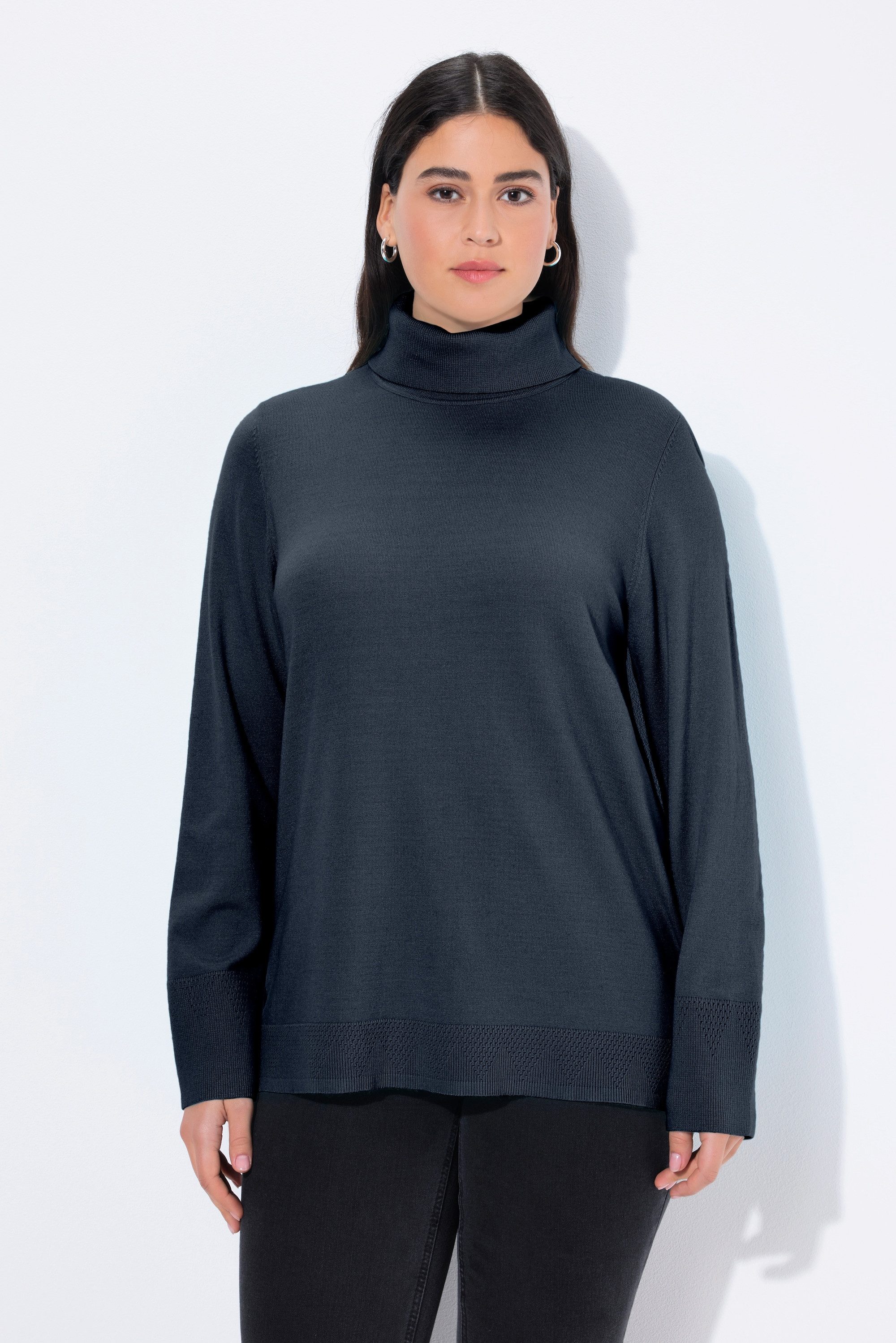 Ulla Popken Strickpullover Rollkragenpullover breite Rippbündchen Langarm