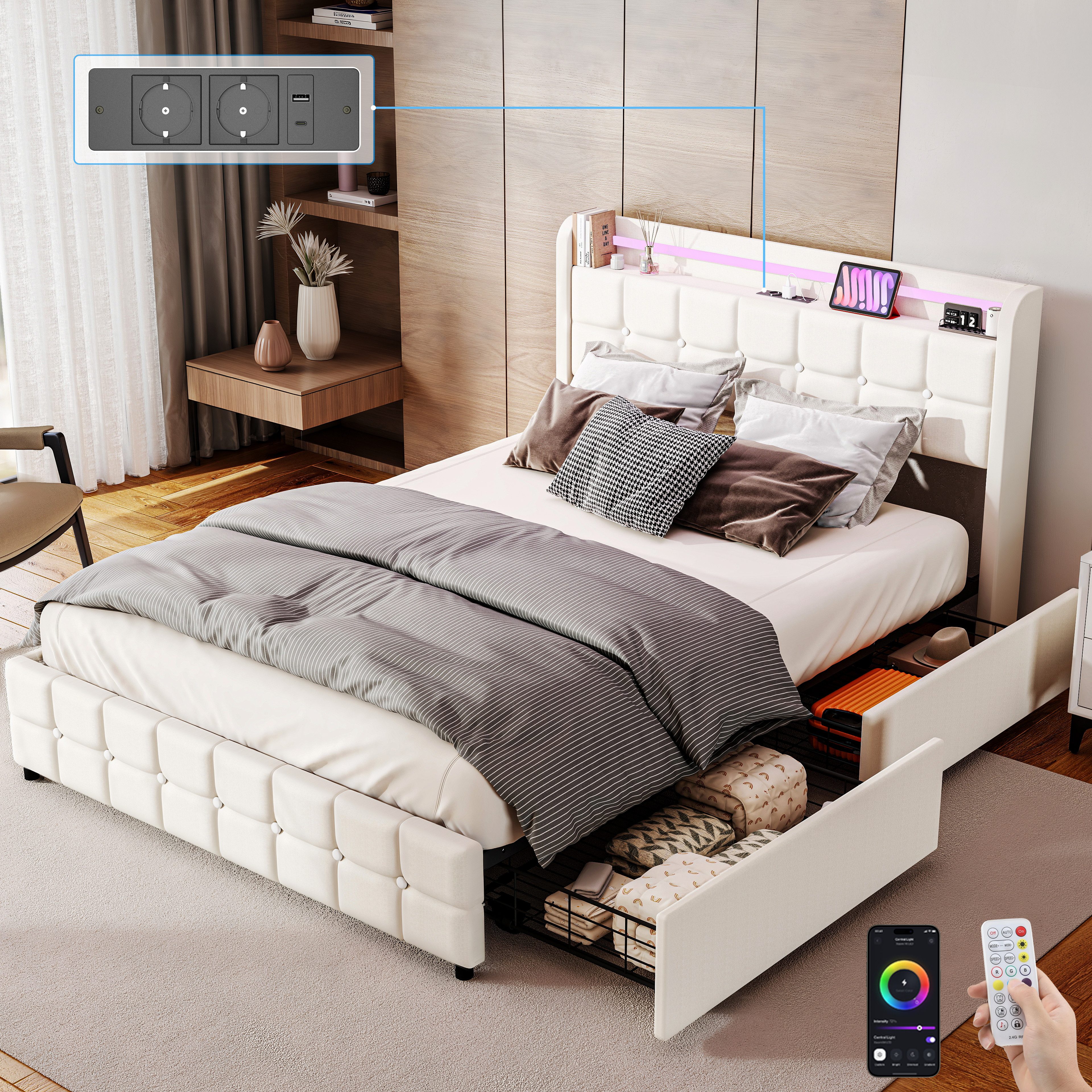 oyajia Polsterbett LED Doppelbett 140x200cm mit Ladefunktion und 2 Schubladen Polsterbett, Einzelbett Bettgestell mit Kopfteil und Lattenrost, Leinen Polsterbett