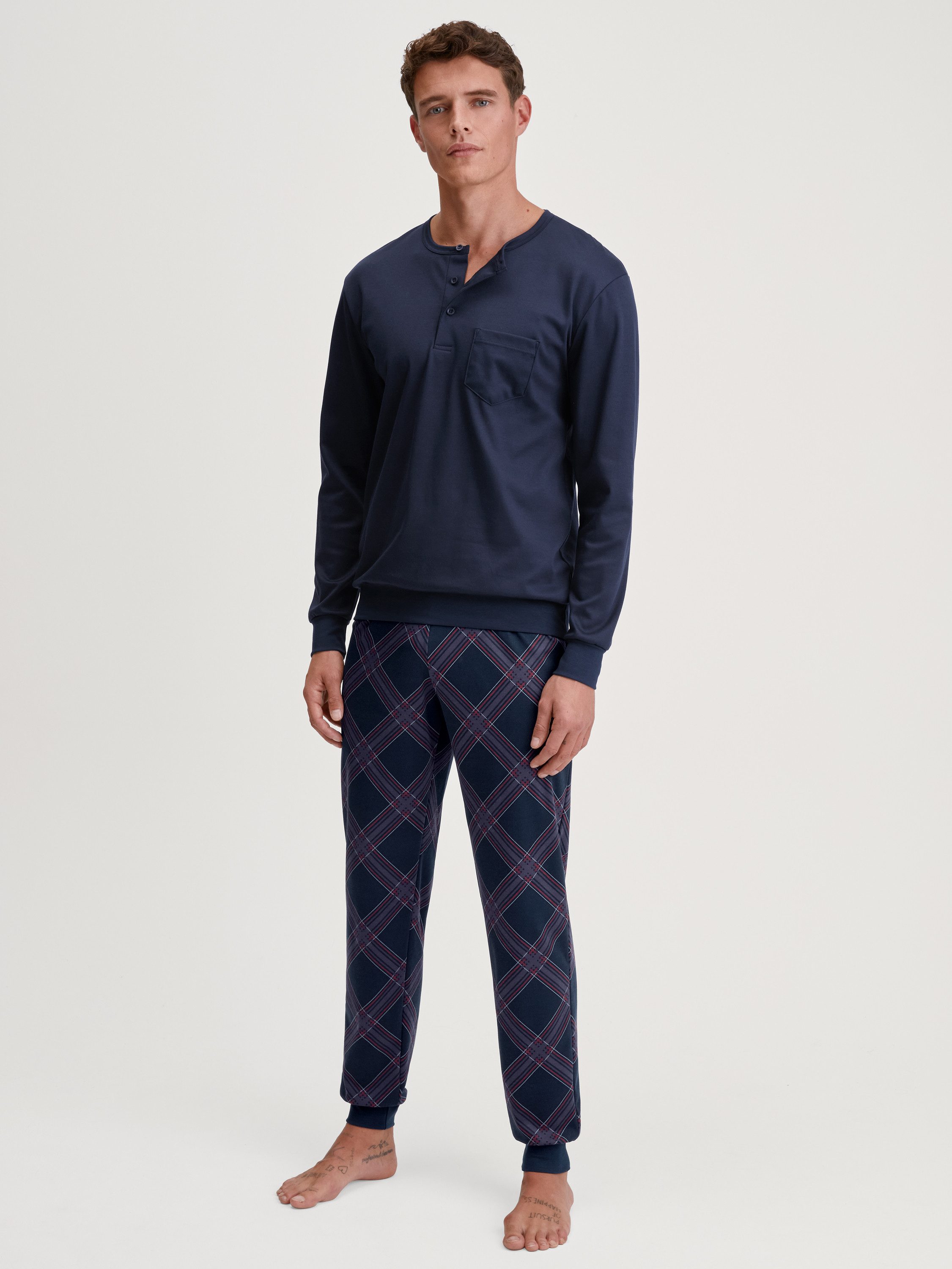 CALIDA Pyjama Relax Comfy Herren (2 tlg) 100% dicker Baumwolle, stoffüberzogener Gummibund, lockerer Schnitt