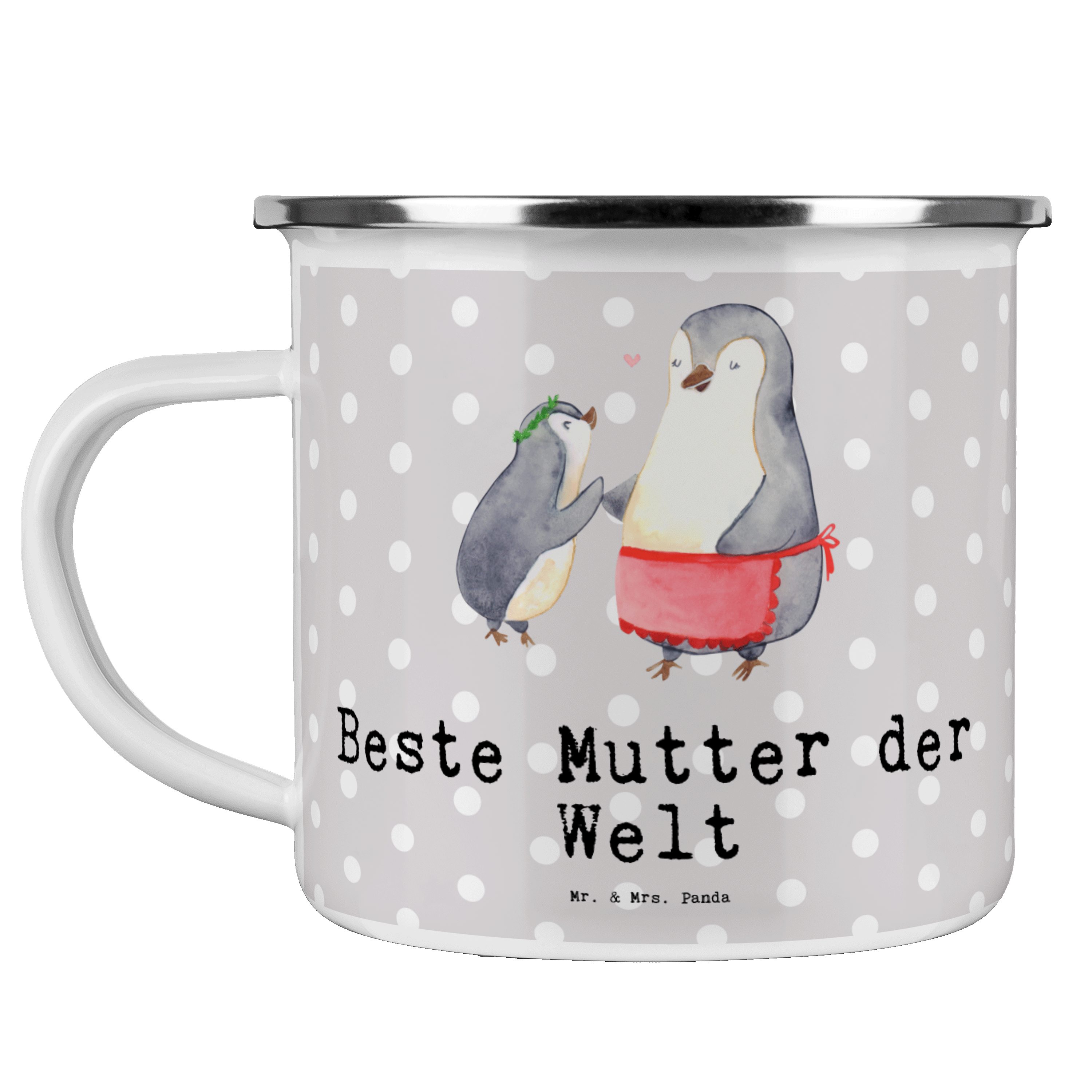 Mr. & Mrs. Panda Becher Pinguin Beste Mutter der Welt - Grau Pastell - Geschenk, Metalltasse, Emaille