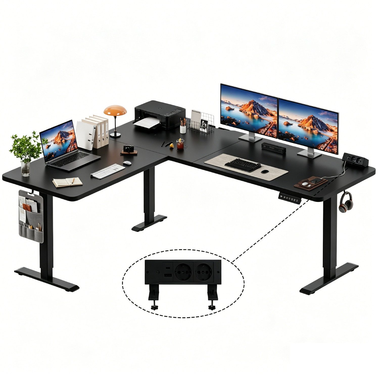 HOMALL Schreibtisch 160 x 140cm Eckschreibtisch Höhenverstellbarer Schreibtisch L Form (Maße: 160 × 140 / 190 × 155, 20 mm dicke Tischplatte, Tragkraft bis zu 100 kg, mit beweglicher Steckdose, in 3 Stufen höhenverstellbar)