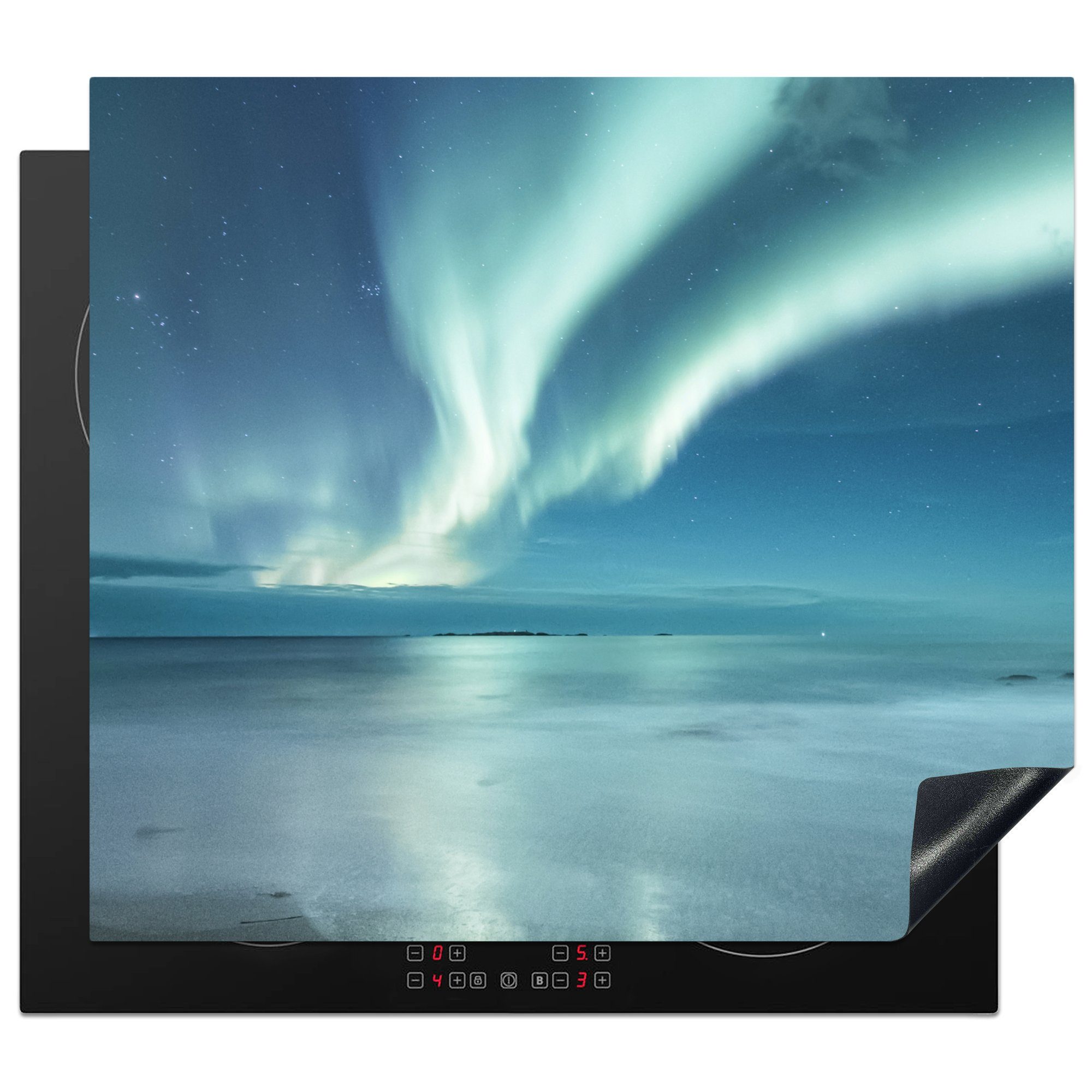 MuchoWow Herdblende-/Abdeckplatte Nordlicht - Strand - Polarlicht - Natur, Vinyl, (1 tlg), 60x52 cm, Mobile Arbeitsfläche nutzbar, Ceranfeldabdeckung