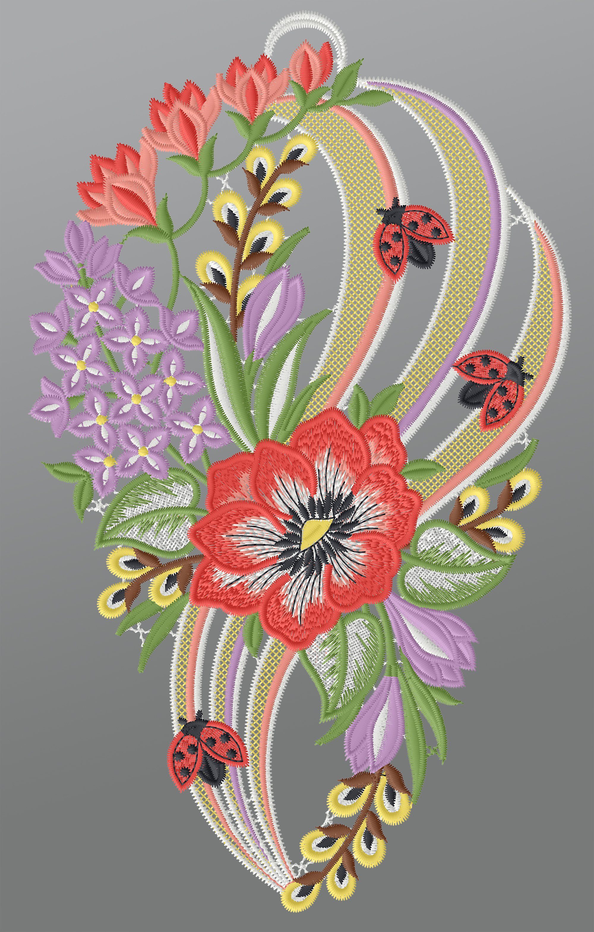 Plauener Spitze® Fensterbild Sommerblumen mit Marienkäfer, HxB 31x19cm