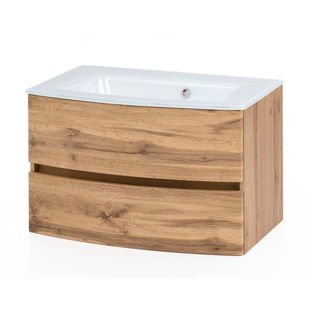 Lomadox Waschtisch LAURIA-03, Wotaneiche Nb. inkl. Glaswaschbecken weiß 80x53x49 cm