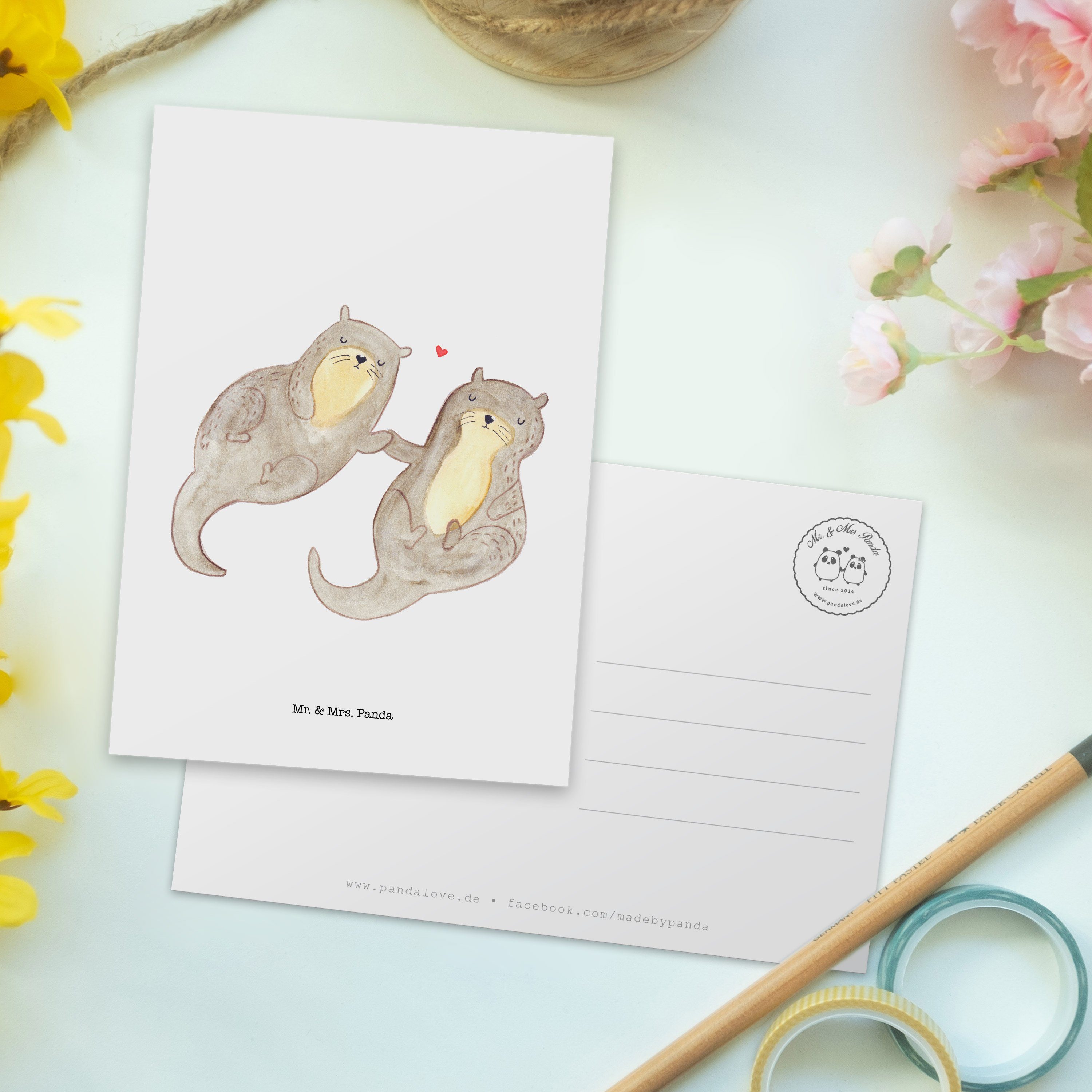 Mr. & händchenhaltend Einladung, - Postkarte Otter Panda Geburts Seeotter, Mrs. - Weiß Geschenk