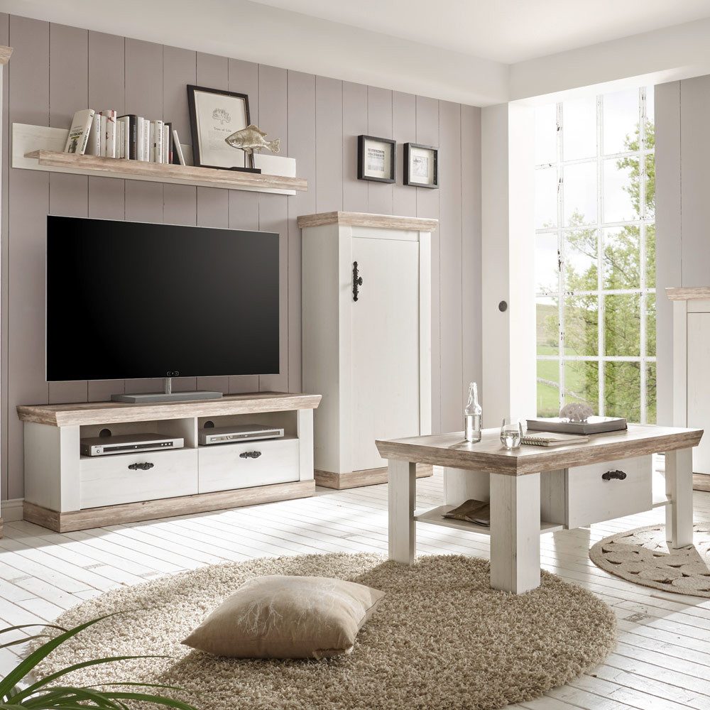 Lomadox Wohnzimmer-Set FERNA-61, (Mega-Spar-Set, 4-St., 4-tlg), weiß und Oslo dunkel Nb. mit TV-Lowboard und Couchtisch 215x201x44 cm