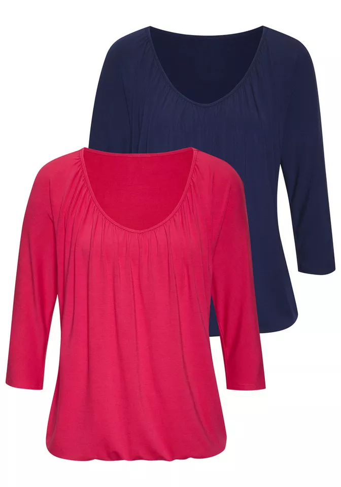 Lascana 3/4-Arm-Shirt mit zarter Raffung am Ausschnitt (2er-Pack) aus luftigem Viskose-Stretch
