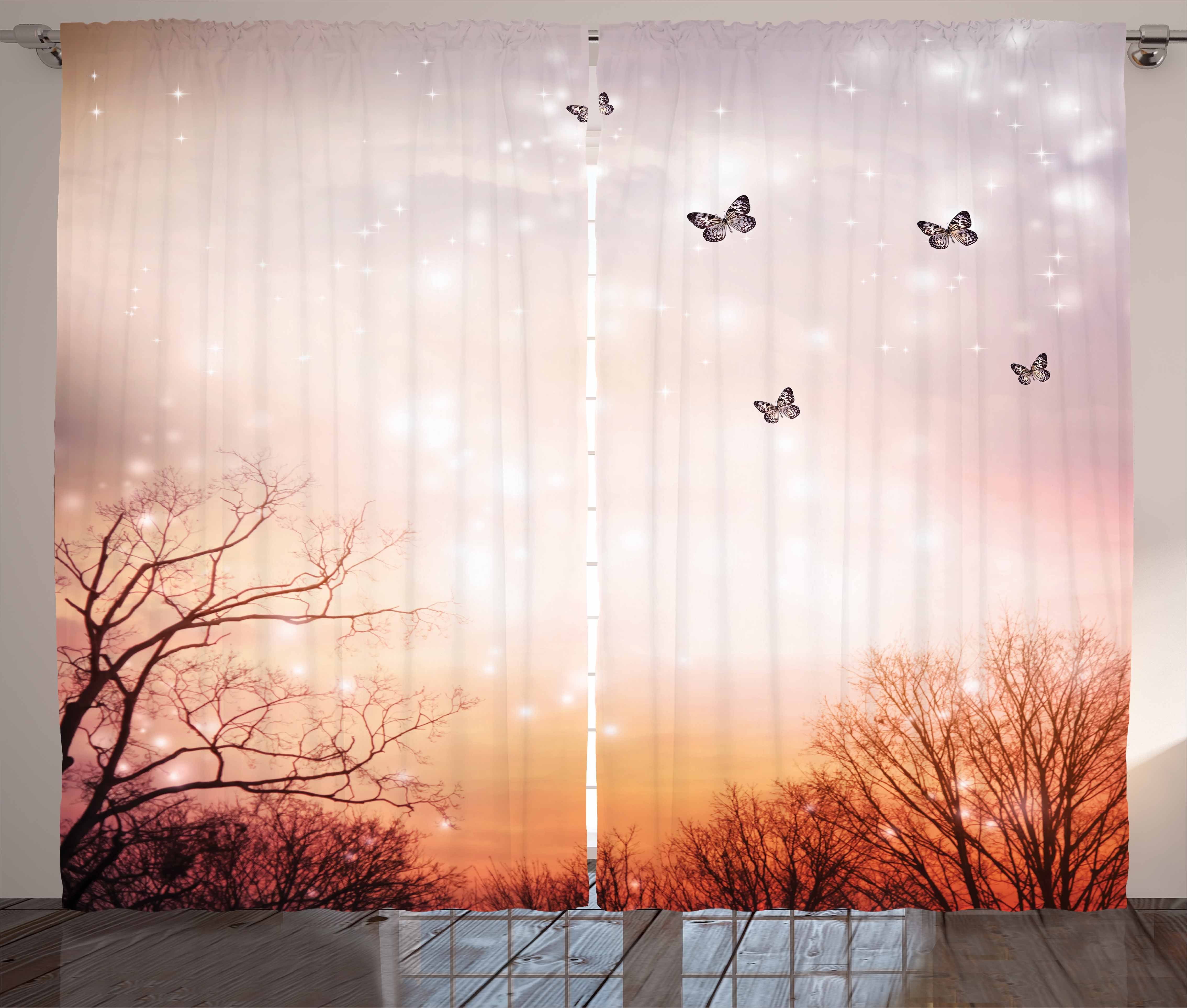 Gardine Schlafzimmer Kräuselband Vorhang mit Schlaufen und Haken, Abakuhaus, Fantasie Schmetterlinge Bäume Himmel | Fertiggardinen