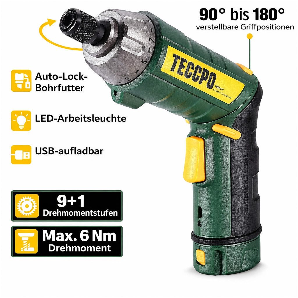 Teccpo Akku-Schrauber, 6,00 Nm, (Elektrischer Schraubendreher, 45-tlg., 2000mAh Li-Ion, 9+1 Drehmomentstufen), Selbstverriegelungsfutter, 2 LED-Lichter, Einstellbare 2 Positionen