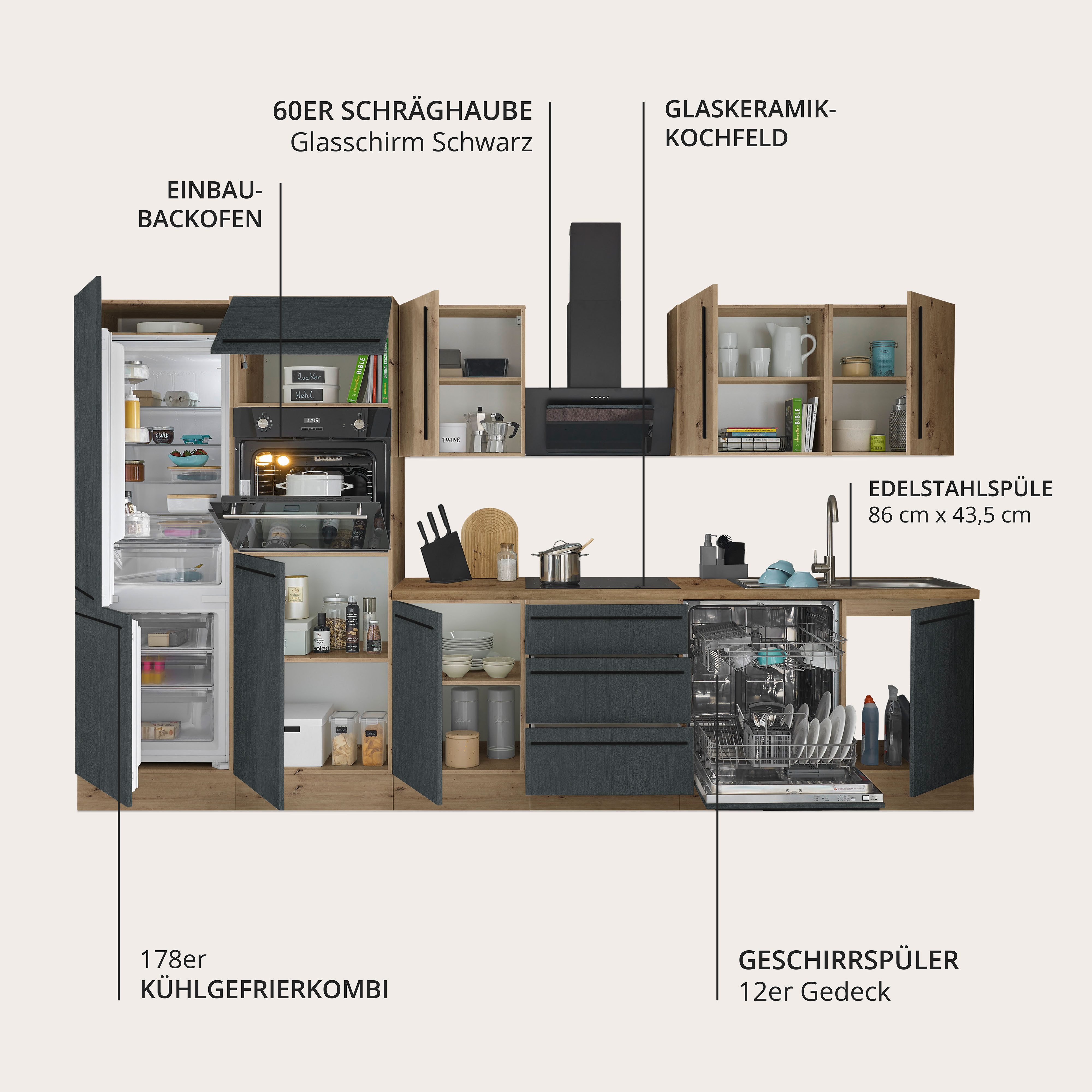 KOCHSTATION Küchenzeile Florida, Breite 340 cm, wahlweise mit E-Geräten,Softclose für Türen/Schubkästen