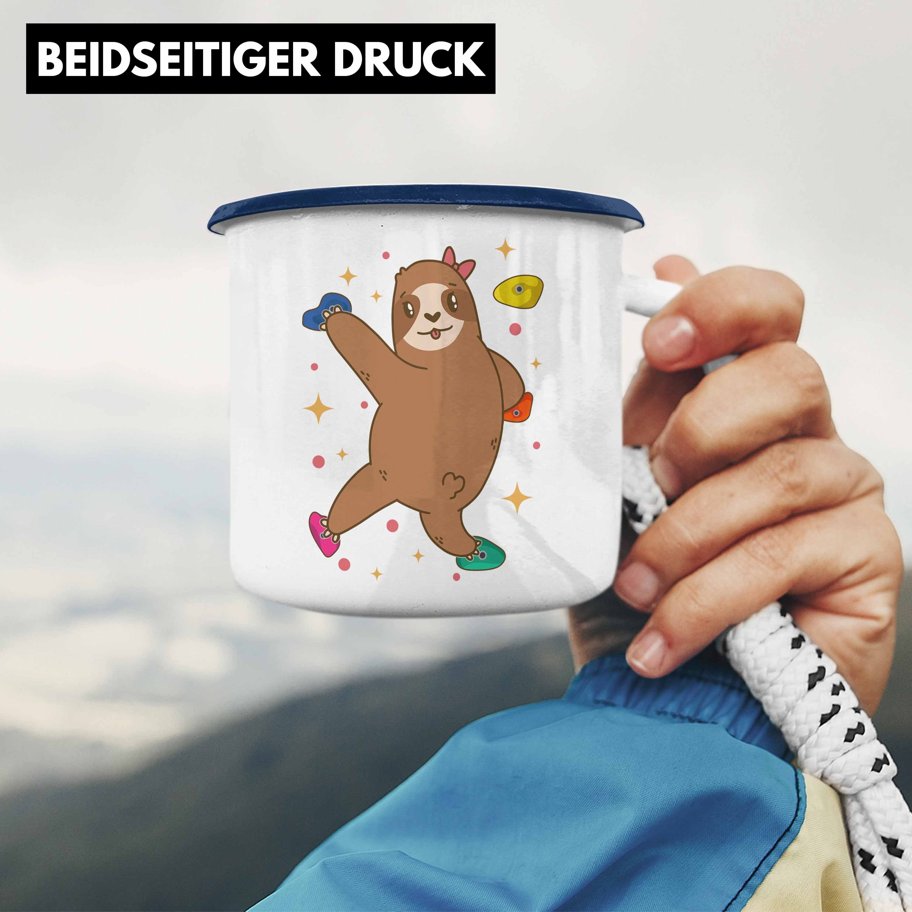 Geschenk Blau Emaille Klettern Geschenkidee Trendation Thermotasse Berge Tasse Bergsteigen Boulder Kinder - Trendation Faultier Lustig Grafik