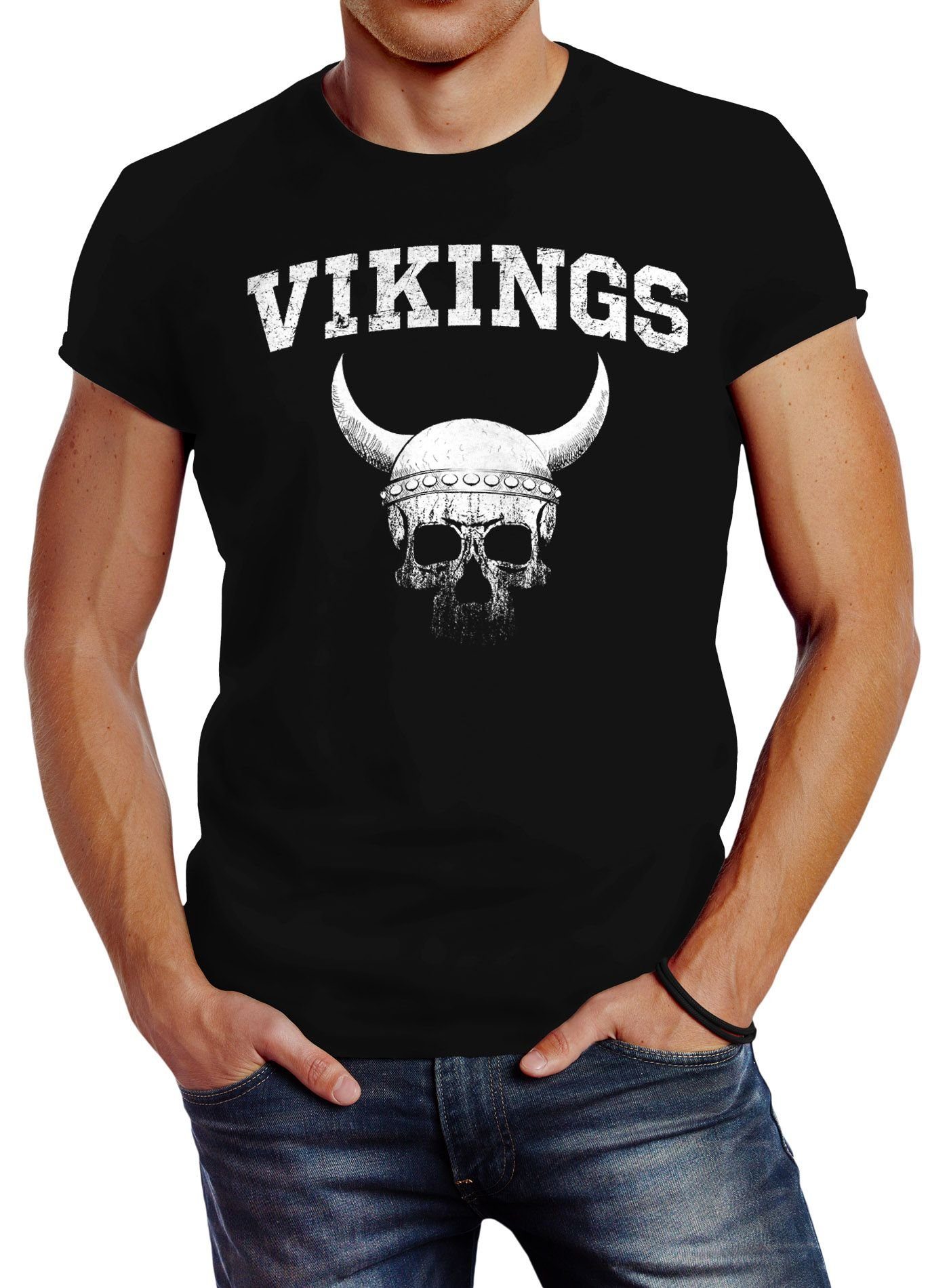 Skull Print Wikinger-Helm Print-Shirt Streetstyle Neverless Neverless® T-Shirt Herren mit Totenkopf Fashion