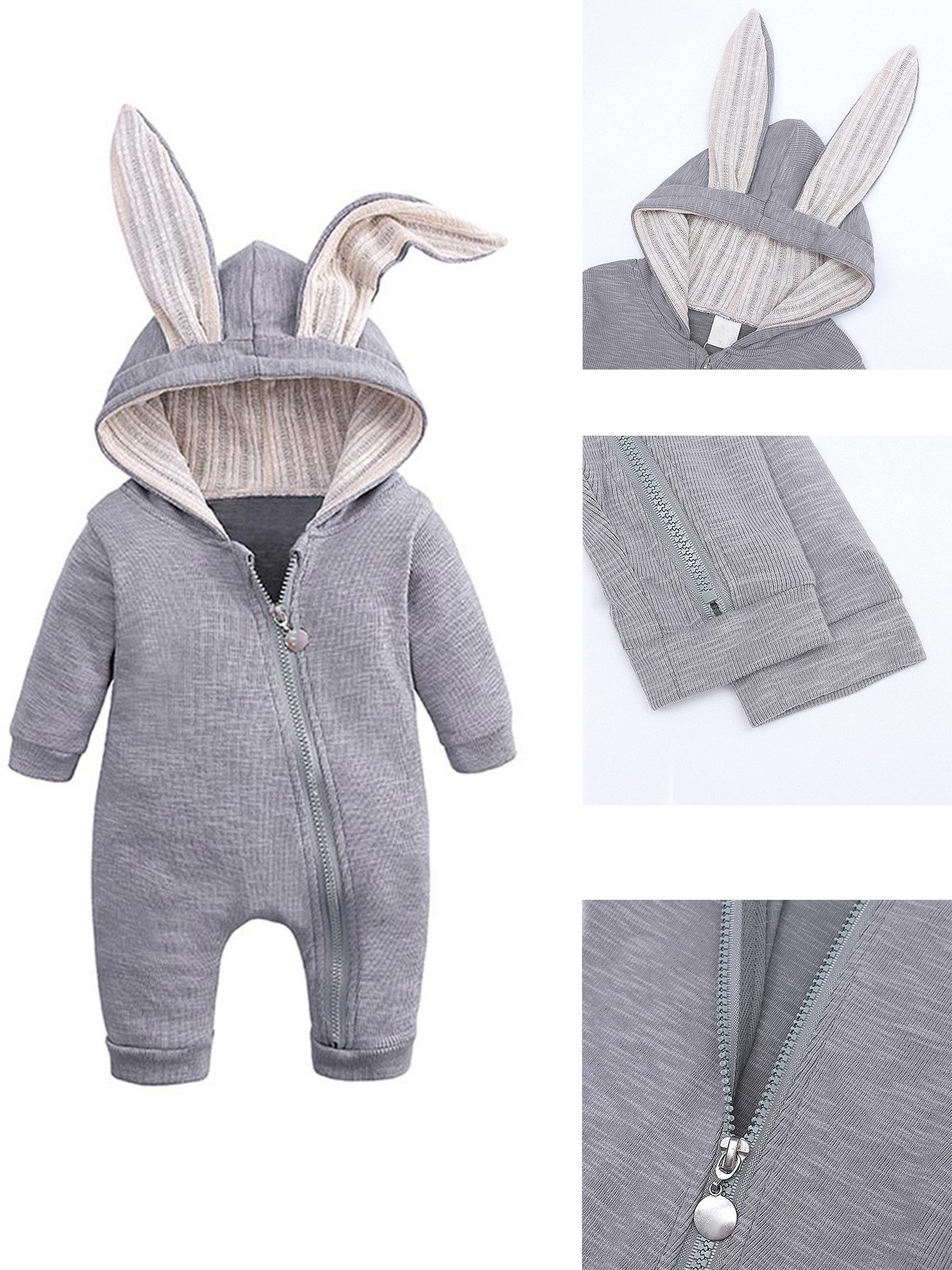 Gluckids Strampler Unisex Baby Langarm Bodysuit mit Kapuze Warmer Overall Babykleidung (mit Reißverschluss, 1-tlg) Kapuzenpullover mit Süßen Ohren Kleinkind Frühling Herbst Bodysuit