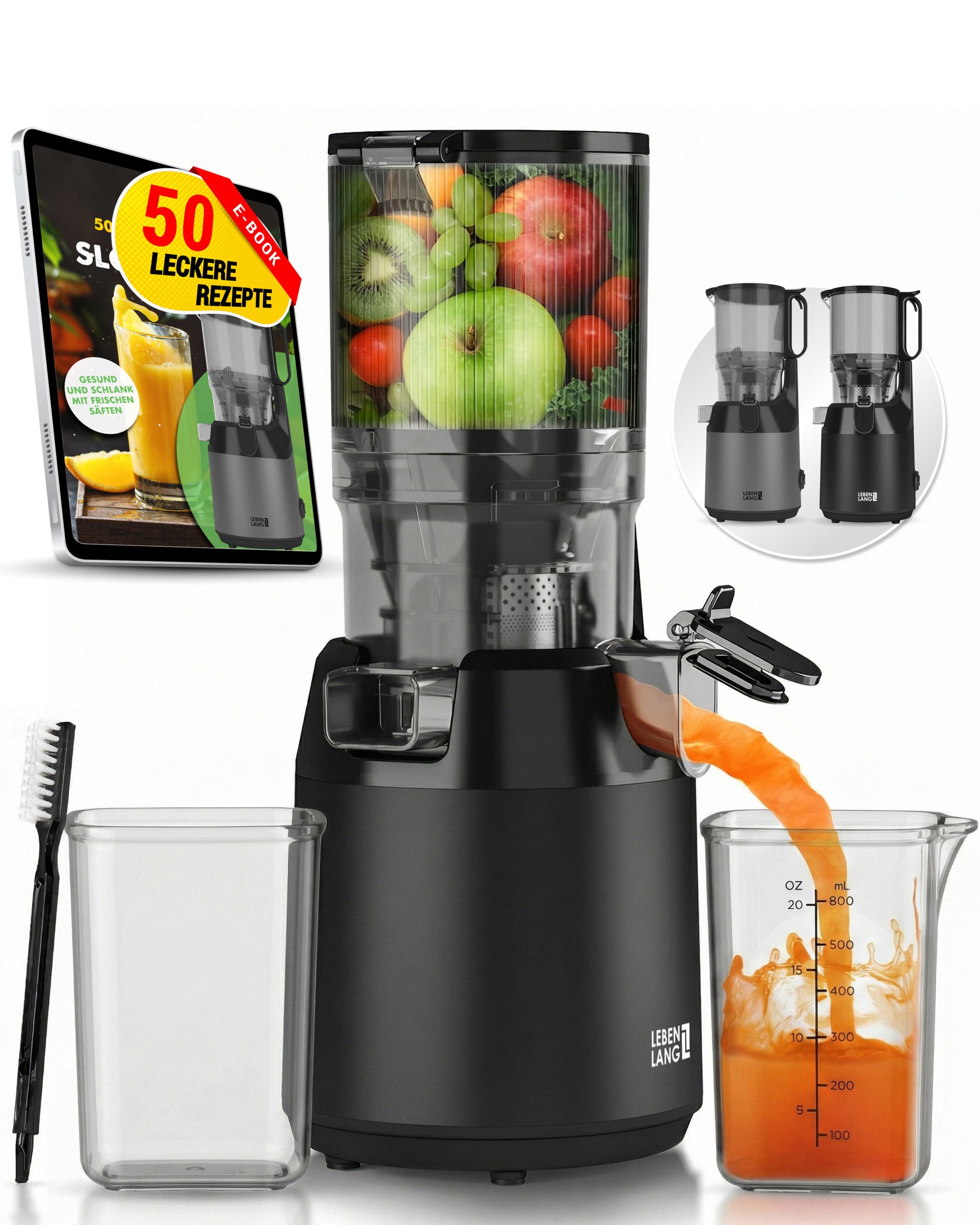 Lebenlang Slow Juicer Entsafter mit großer Öffnung, Für ganze Früchte und Gemüse, Rezepte, 250 W, BPA-Frei, Hohe Saftausbeute, Erhalt der Nährstoffe