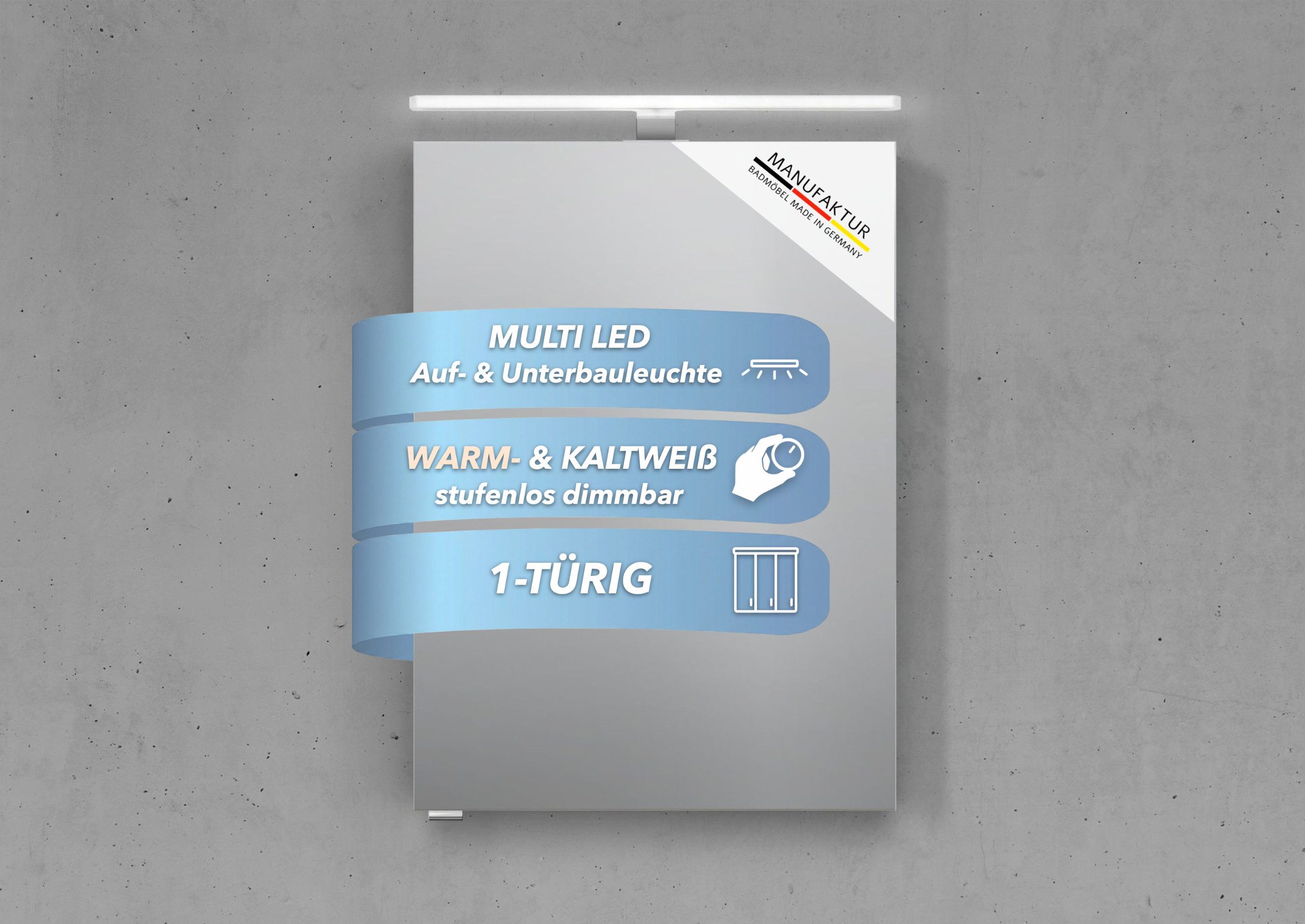 Intarbad Badezimmerspiegelschrank 1-türiger Spiegelschrank mit MULTI LED Acryl Aufsatzleuchte, dimmbar (Doppelspiegeltür, Holz-/ Lackdekore, Maße von 50 und 60 cm wählbar, Höhe 70 cm, Glasfachböden, Magnetleiste & Kosmetikspiegel Ø 12 cm) Vormontierte Lieferung, Floatglas, 160 kg Traglast, Made in Germany