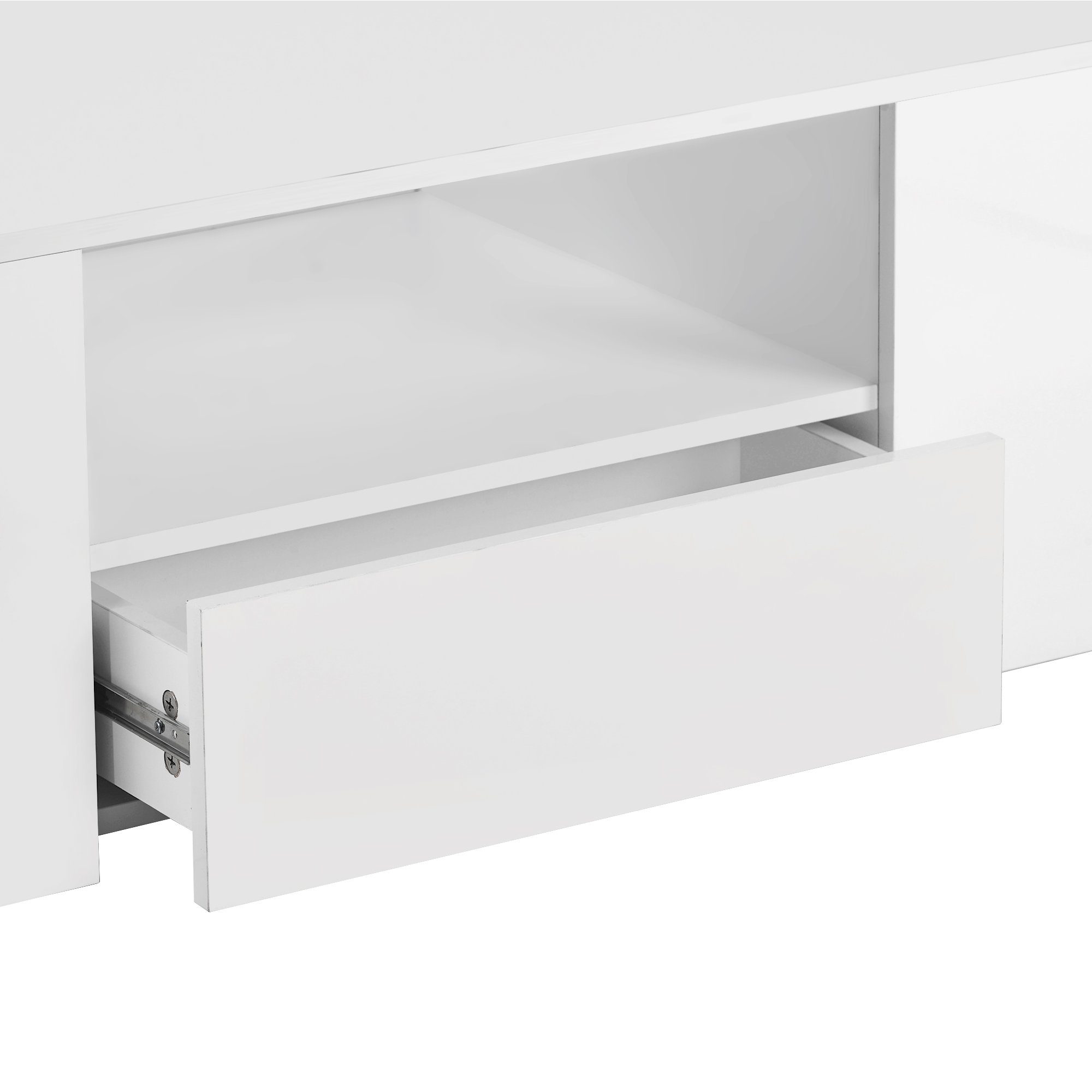 Couchtisch (Wohnzimmertisch Hochglanz Weiß), Sofatisch mit LED-Beleuchtung, 2 Schubladen, 2 Regale, 95 x 53 x 37 cm