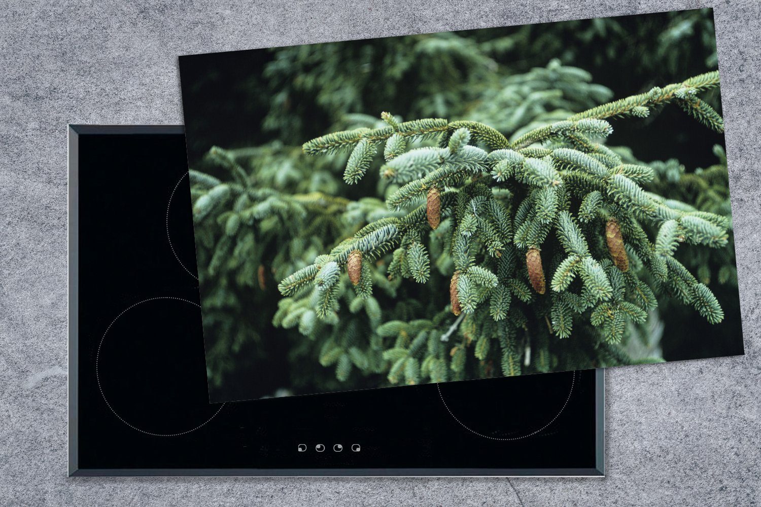 Weihnachtsbaums küche, für MuchoWow den, eines in Wald in die Eine Induktionskochfeld 81x52 Vinyl, (1 Ceranfeldabdeckung Herdblende-/Abdeckplatte Schutz cm, tlg), einem Nahaufnahme