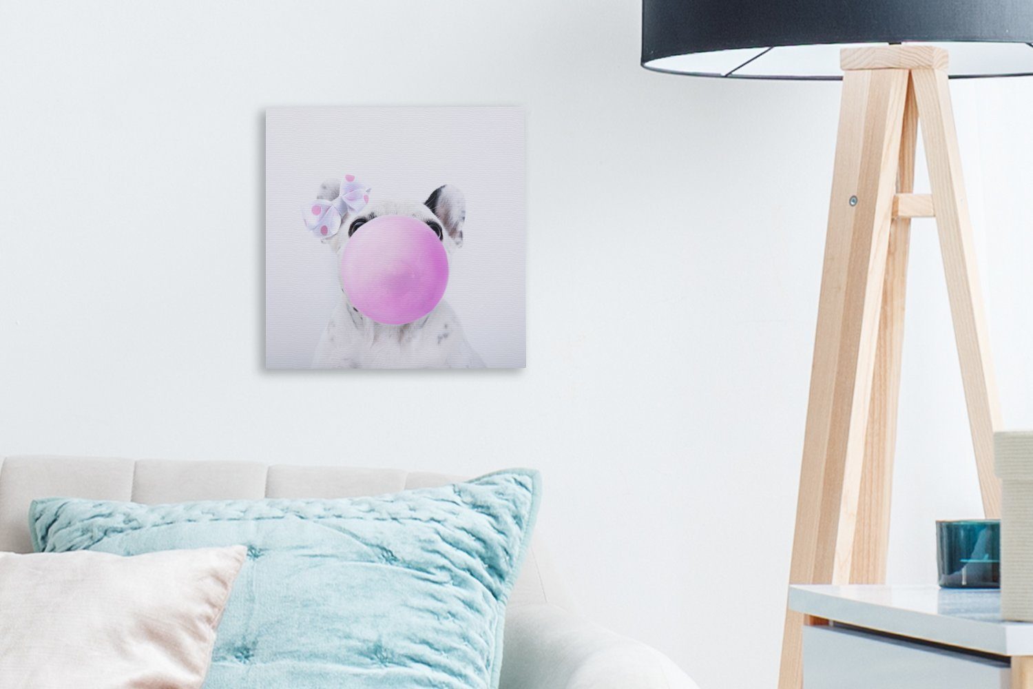 Kaugummiblase, Bilder Hund für (1 eine OneMillionCanvasses® Leinwand Schlafzimmer Leinwandbild St), pustet Wohnzimmer Ein