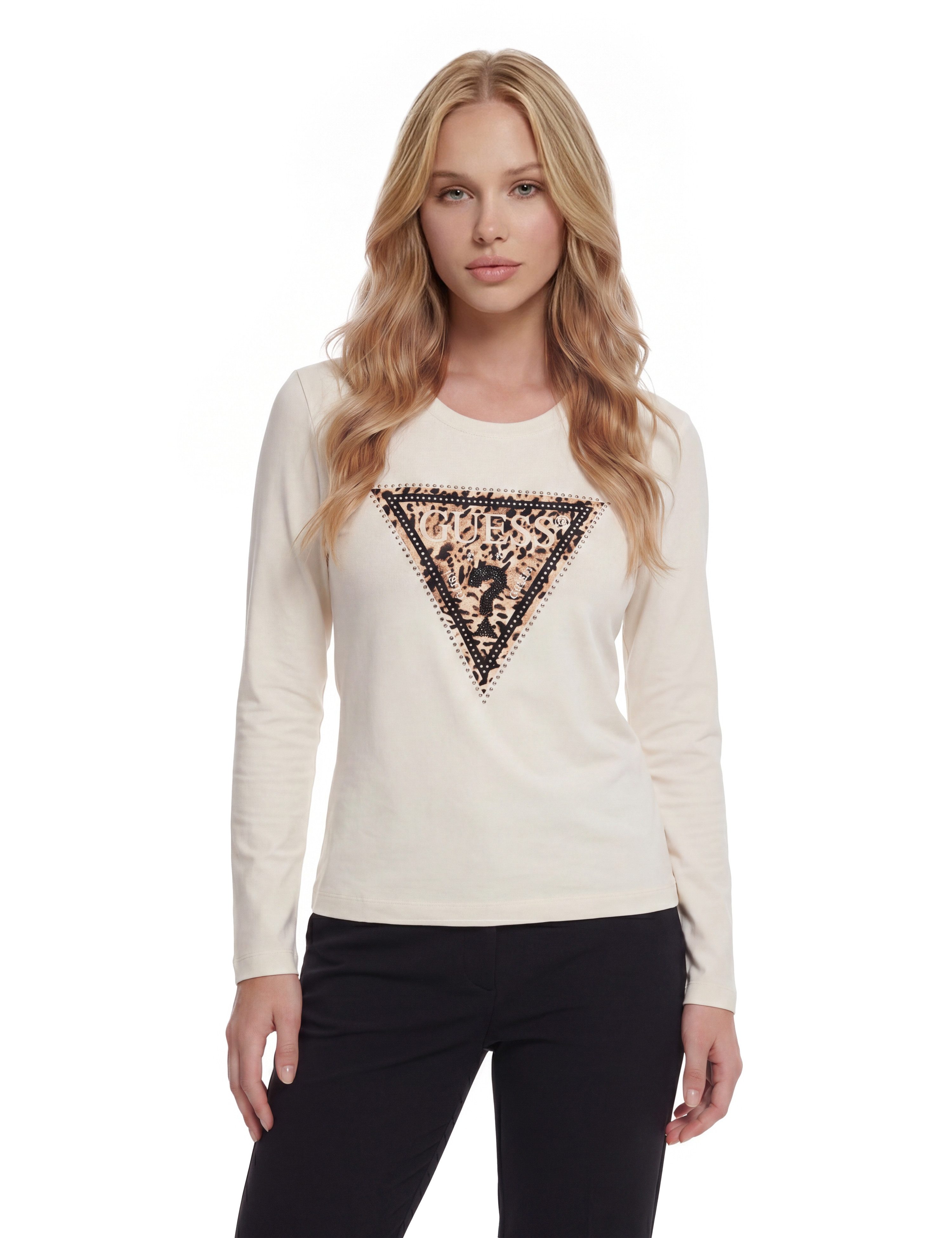 Guess Langarmshirt LS CN SAVANNA LEOPARD TRIANGLE mit markantem Logodesign, Slim Fit