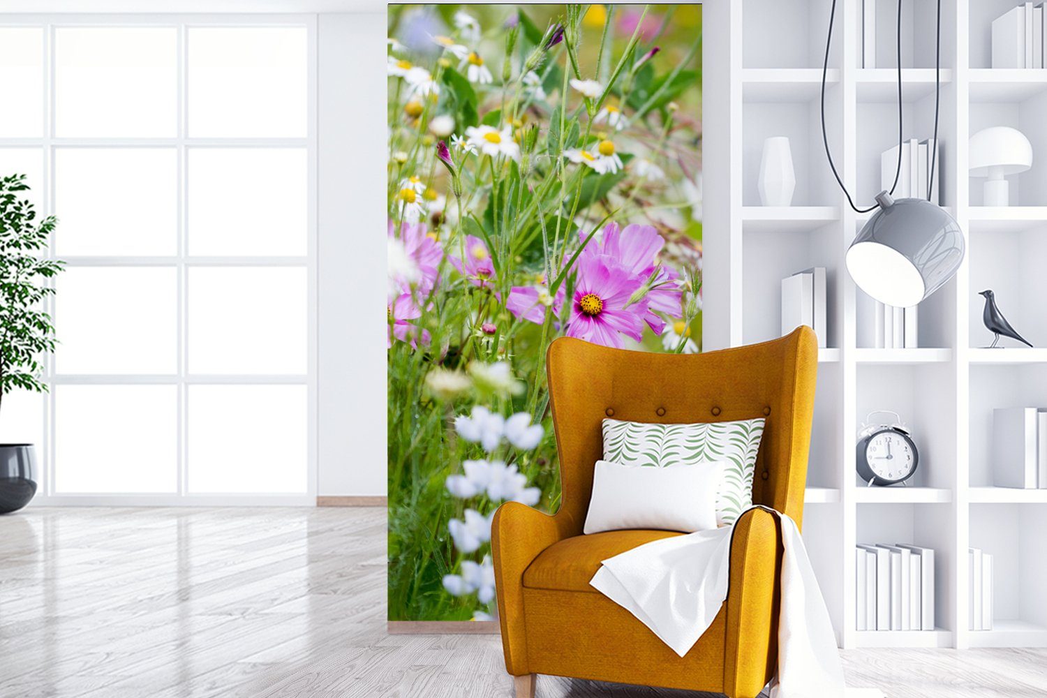 MuchoWow Fototapete Blumen - Natur bedruckt, Vliestapete - - - Schlafzimmer Lila Küche, Gras Fototapete Matt, Wohnzimmer (2 St), Grün Weiß, für 