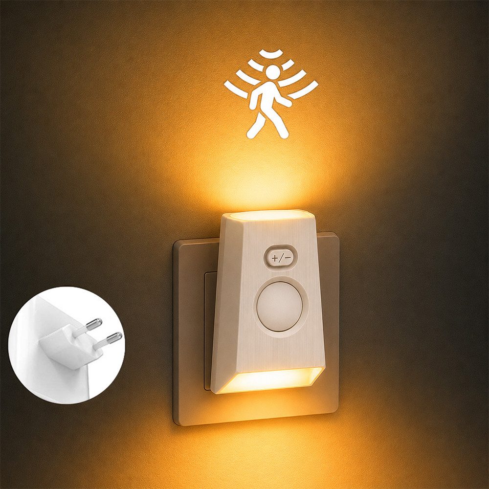 PRIISF LED Steckdosenleuchte Nachtlicht Steckdose mit Bewegungsmelder LED Steckdosenlicht WarmWeiß, Automatisch, Nachtlampe mit Dämmerungssensor Wandleuchte LED Schreibtischlampe, LED Steckdosenleuchte Sensor Notlicht mit Helligkeitssensor, für Flure, Tre