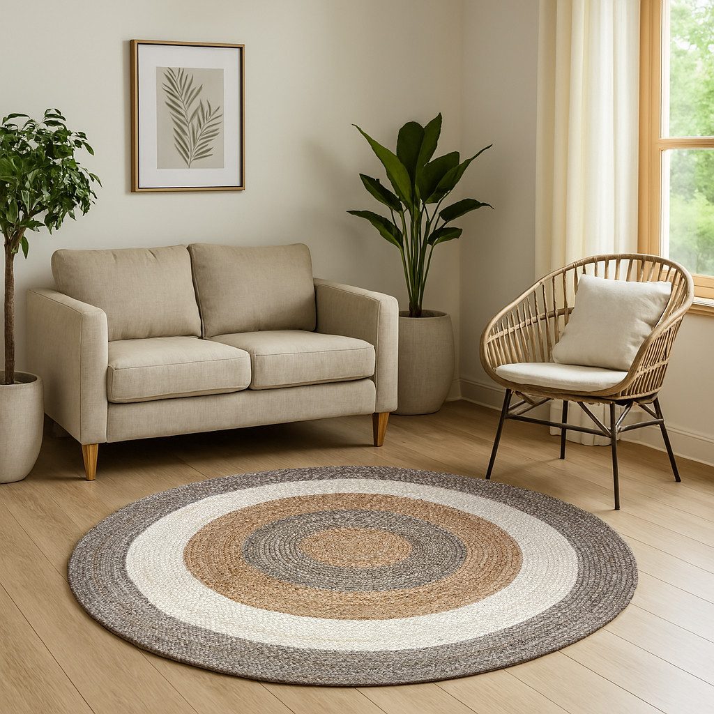 Myflair Möbel & Accessoires Teppich Terra Rings, rund, Höhe: 10 mm, Juteteppich, handgeflochten, Wendeteppich, gestreift, reine Naturfaser