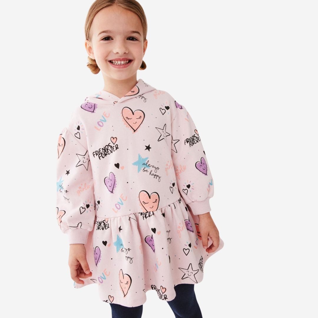 suebidou Midikleid Sweatshirtkleid mit Kapuze Mädchenkleid rosa mit Graffiti-Aufdruck nachhaltig, kreativ