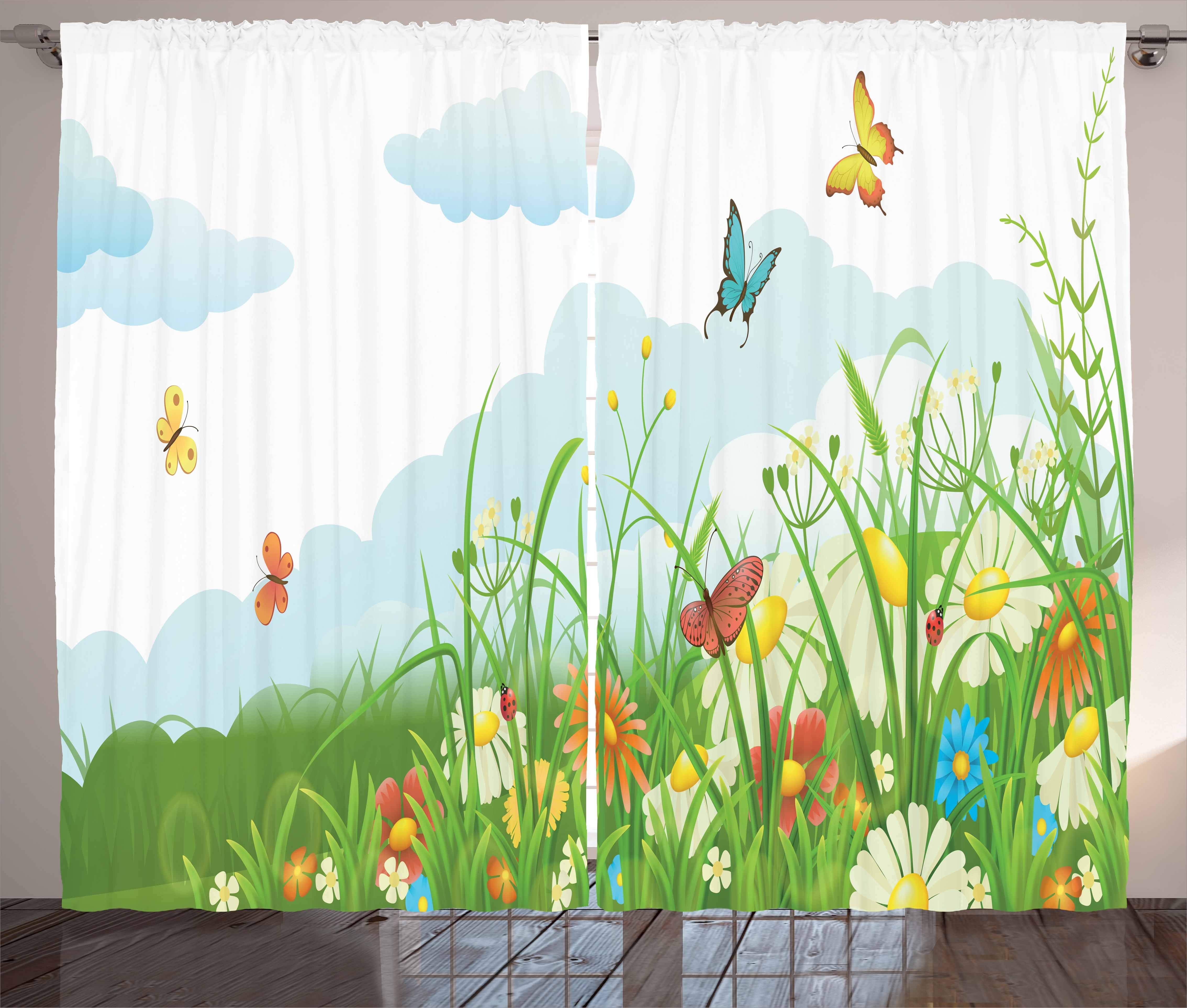 Gardine Schlafzimmer Kräuselband Vorhang mit Schlaufen und Haken, Abakuhaus, Gras Wolken mit Frühlingswiese