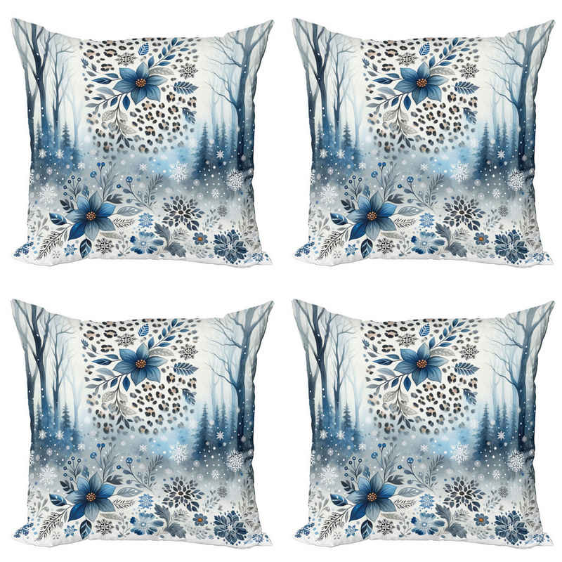 Kissenbezüge Modern Accent Doppelseitiger Digitaldruck, Abakuhaus (4 Stück), Winterblau Schnee Wald Blumen Frost