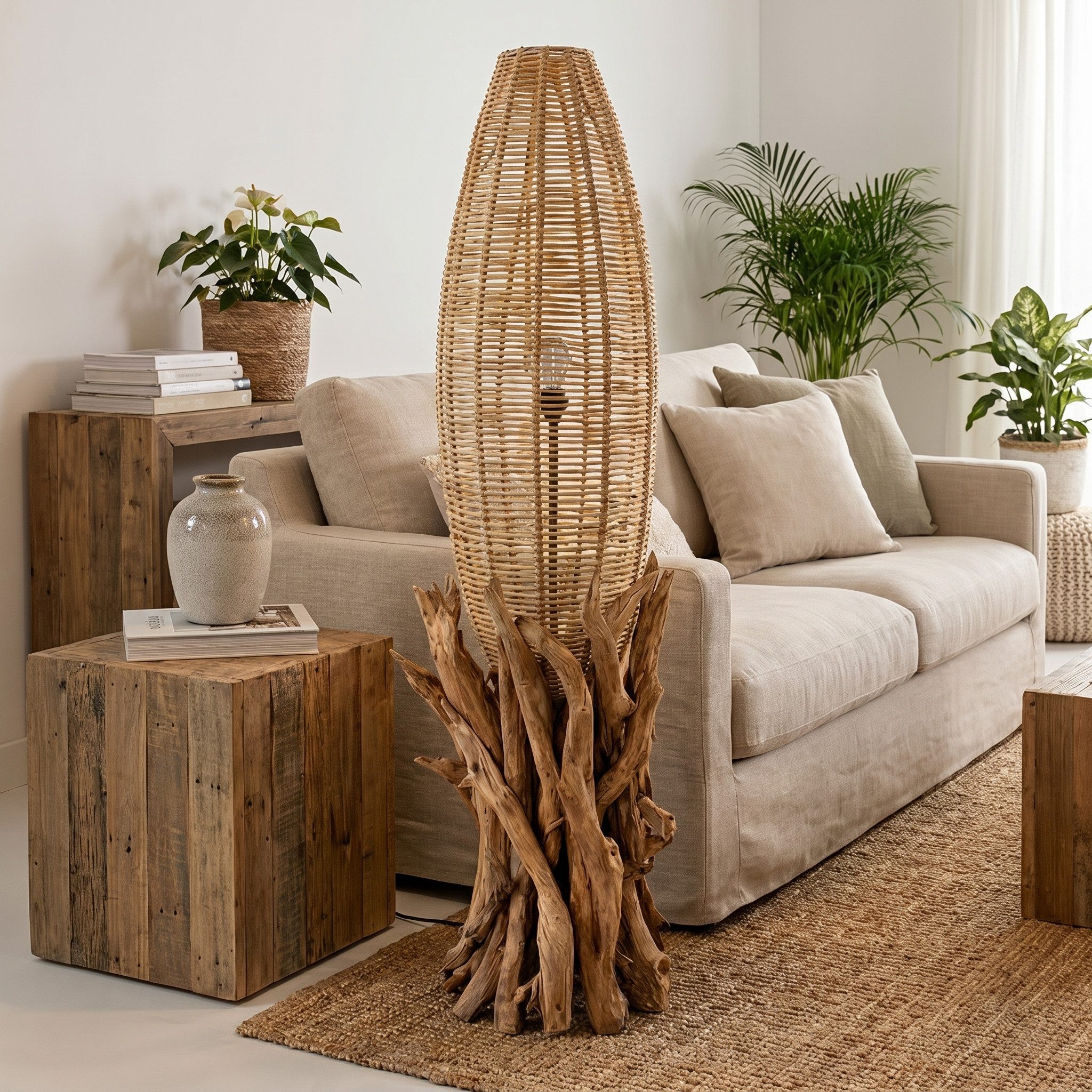 Möbel Bressmer Stehlampe VONDRO Stehleuchte–120cm Treibholz-Stehleuchte mit Lampenschirm Rattan, ohne Leuchtmittel