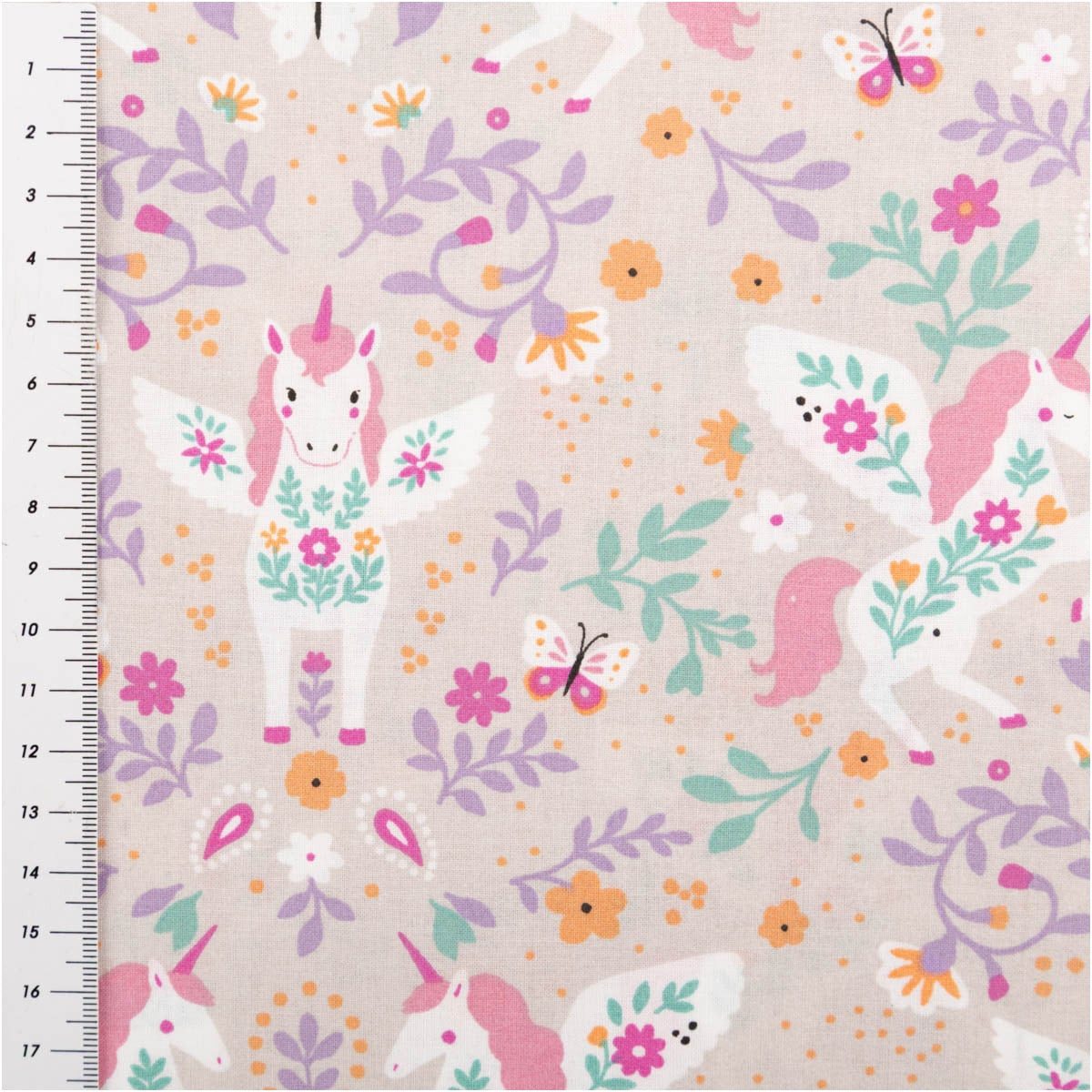 SCHÖNER LEBEN. Stoff Baumwollstoff Meterware Polly Einhörner Blumen hellgrau rosa 147cm, allergikergeeignet