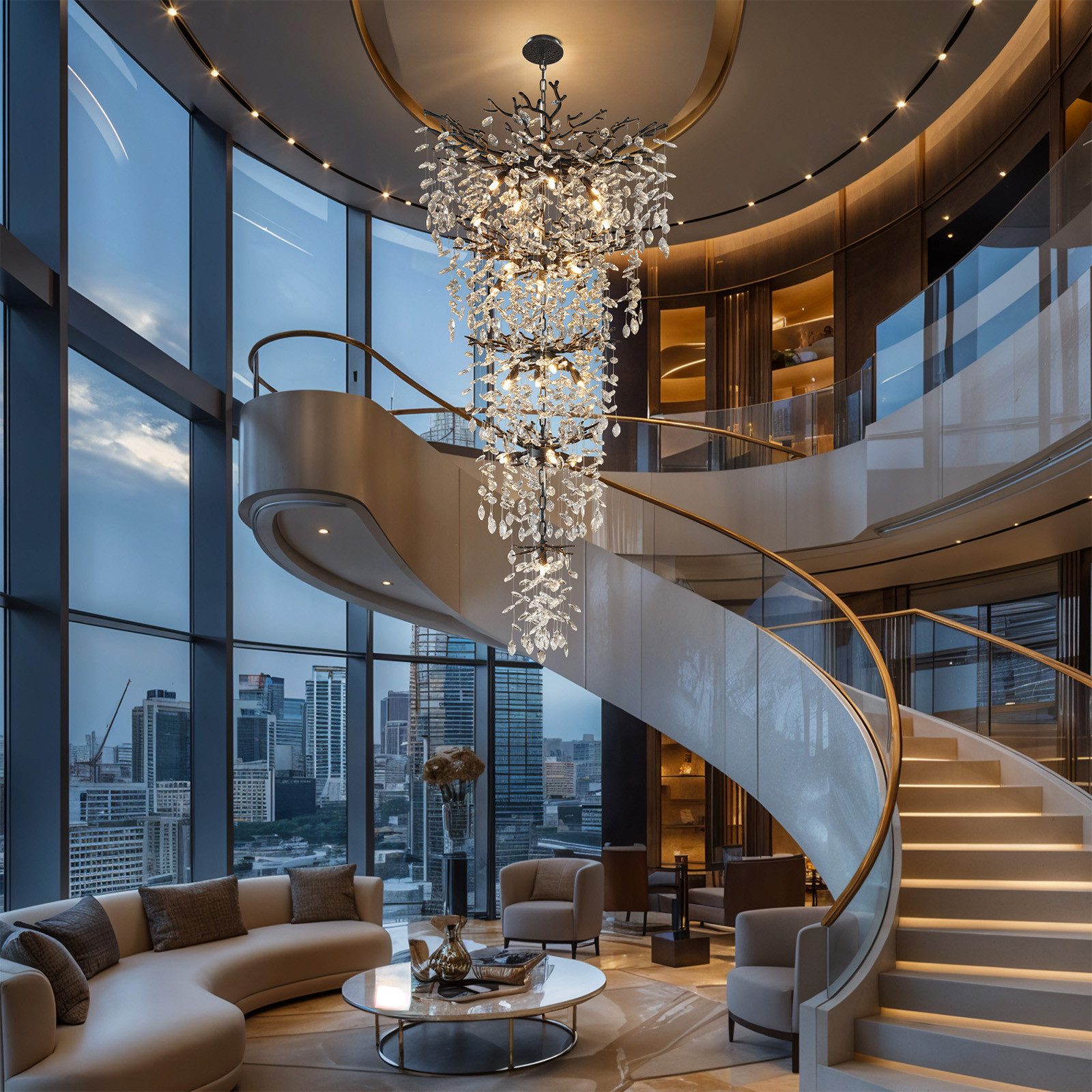 Surtime Kronleuchter für Treppenhaus, 300 cm, Goldfarben,Kristall, 28 G9-Fassungen für gleichmäßiges Licht, LED wechselbar, 3000K, K9-Kristalldesign im Ast-Stil