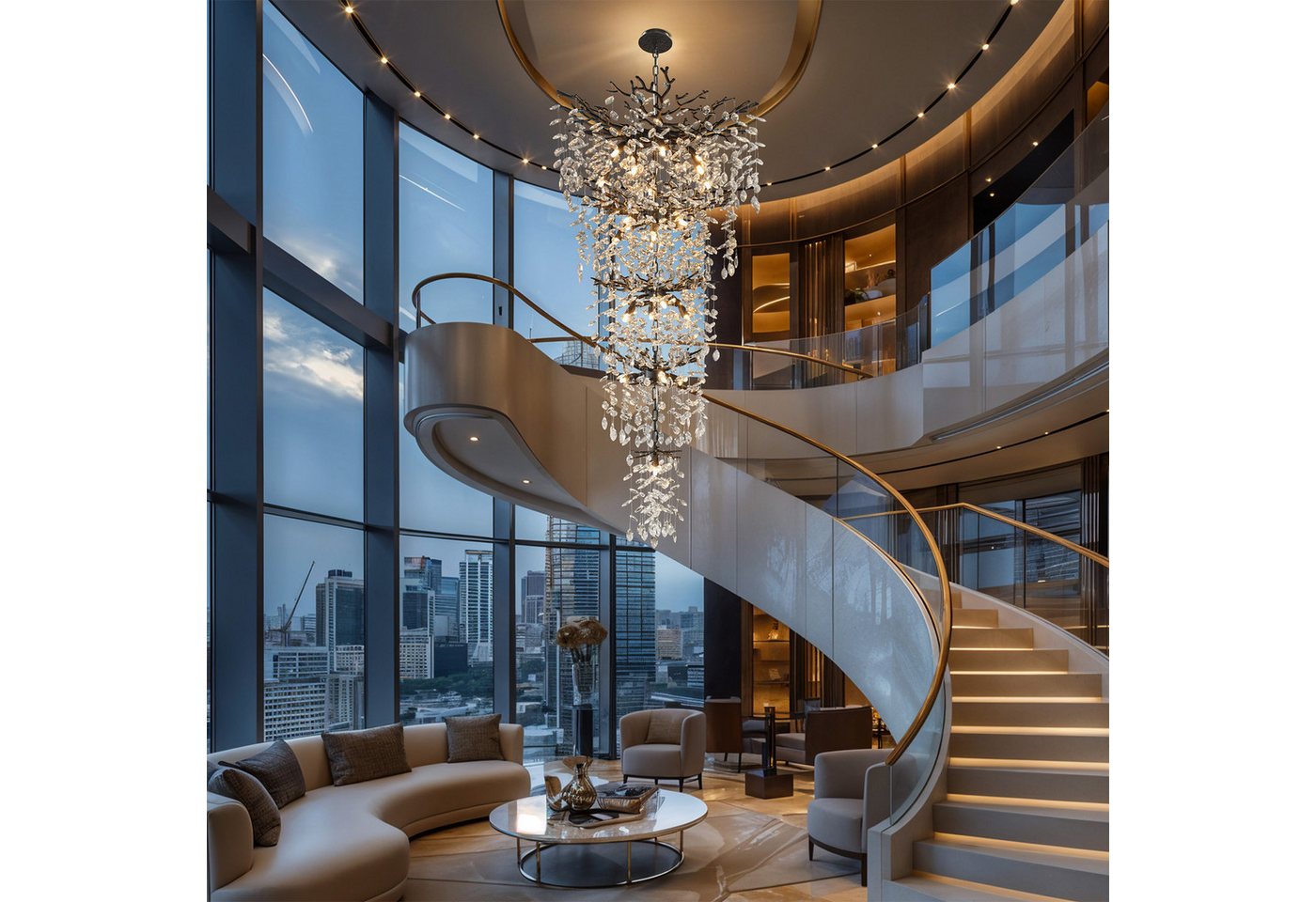 Surtime Kronleuchter für Treppenhaus, 300 cm, Goldfarben,Kristall, 28 G9-Fassungen für gleichmäßiges Licht, LED wechselbar, 3000K, K9-Kristalldesign im Ast-Stil