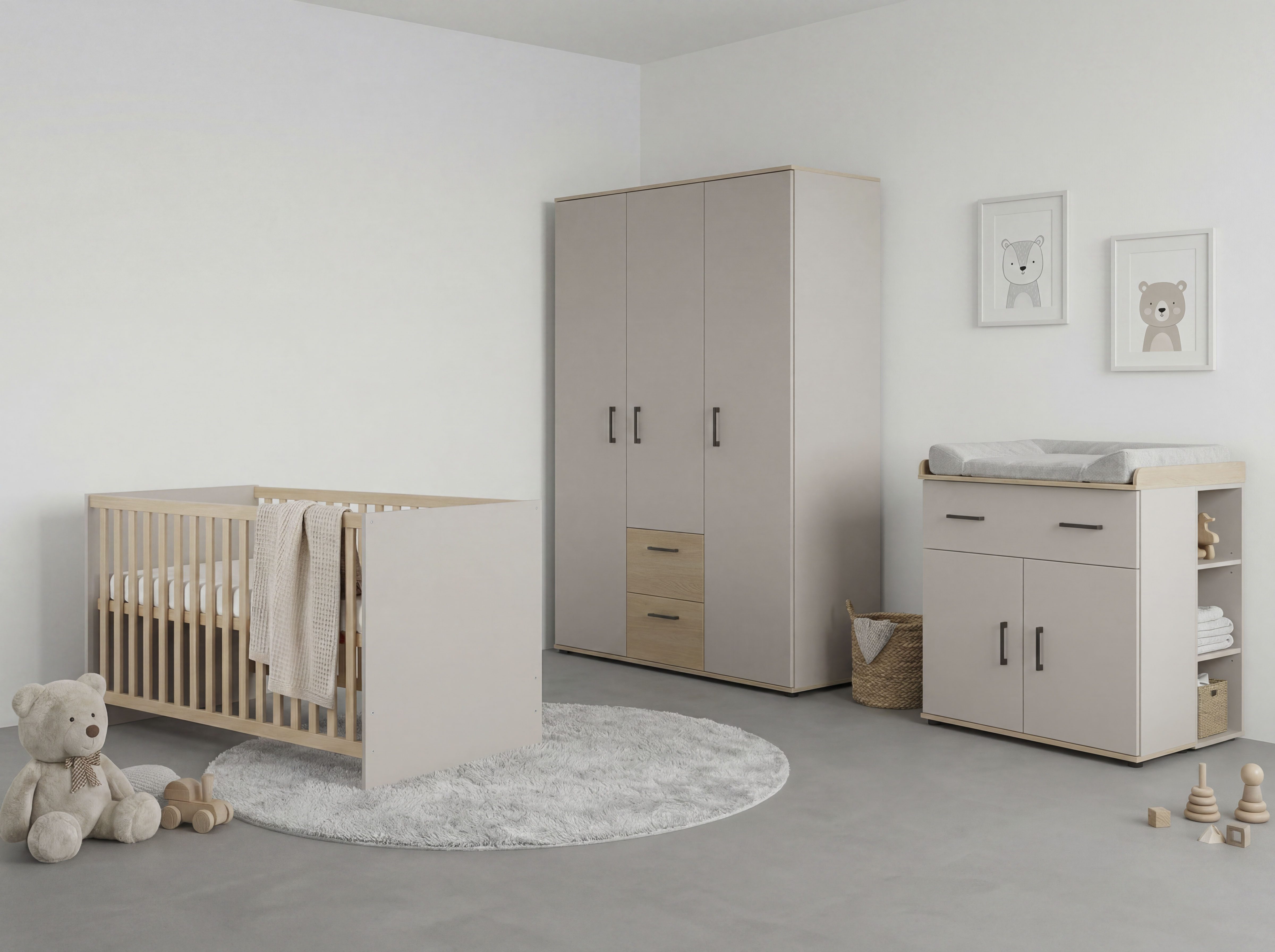 OTTO home Babyzimmer-Komplettset Rieke Bis ins Jugendalter, toll für kleine Zimmer, (Spar-Set, 4-tlg., Kinderbett, Schrank 3 türig, Wickelkommode + Unterbauregal), Farblich abgestimmte Möbelserie