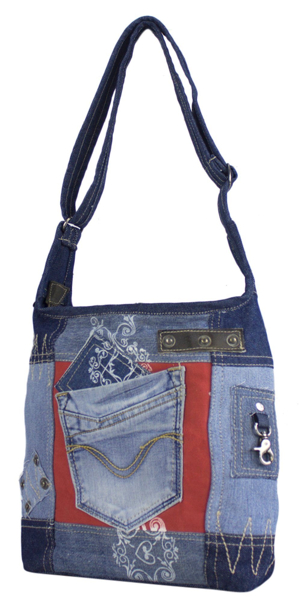 in Jeans Vintage Schultertasche recycelten Hobo Canvas. recycelte Materialien Rote Tasche Umhängetasche und aus design., Retro Sunsa Aus